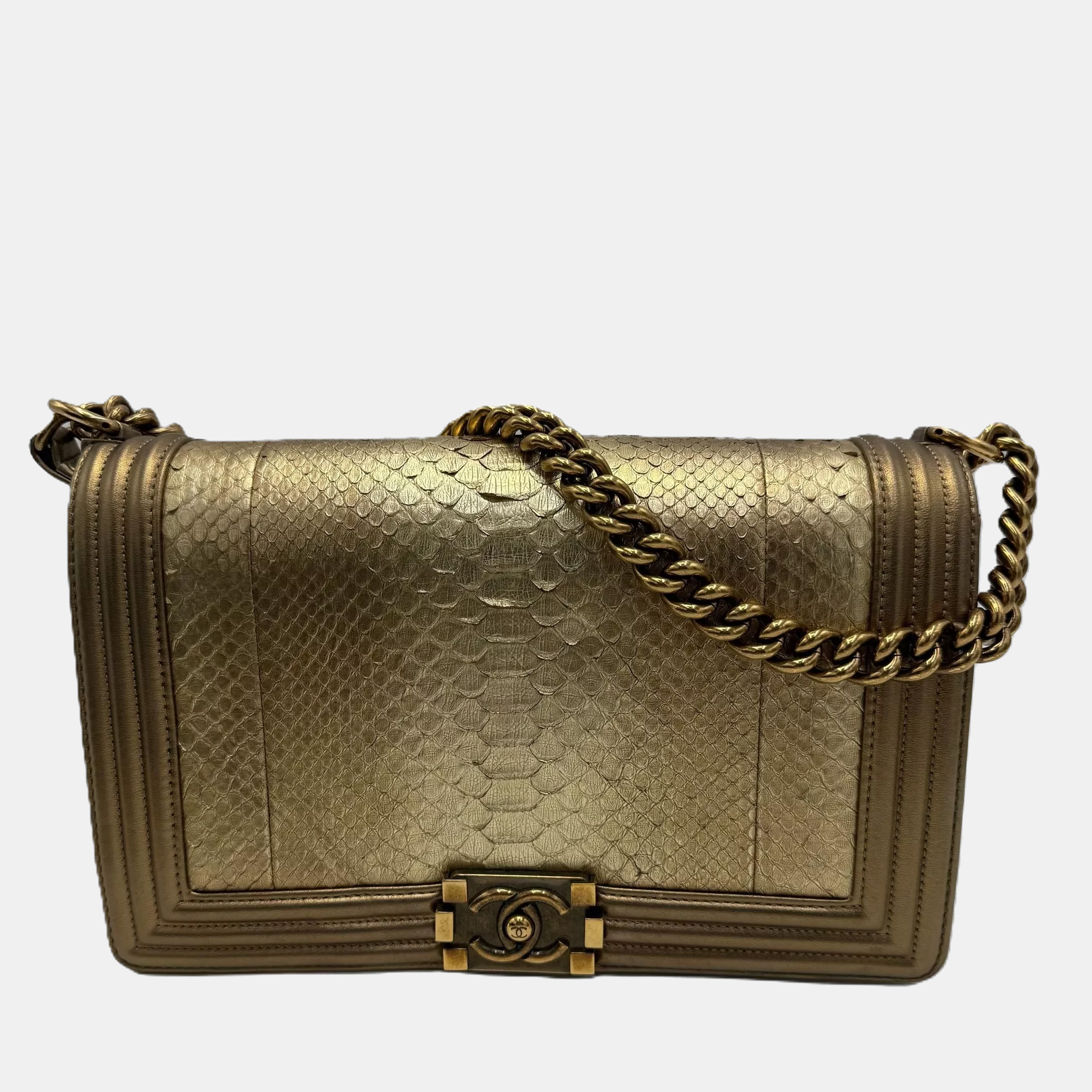 

Chanel Boy Flap Medium Metallic Gold Python Leather Shoulder Bag