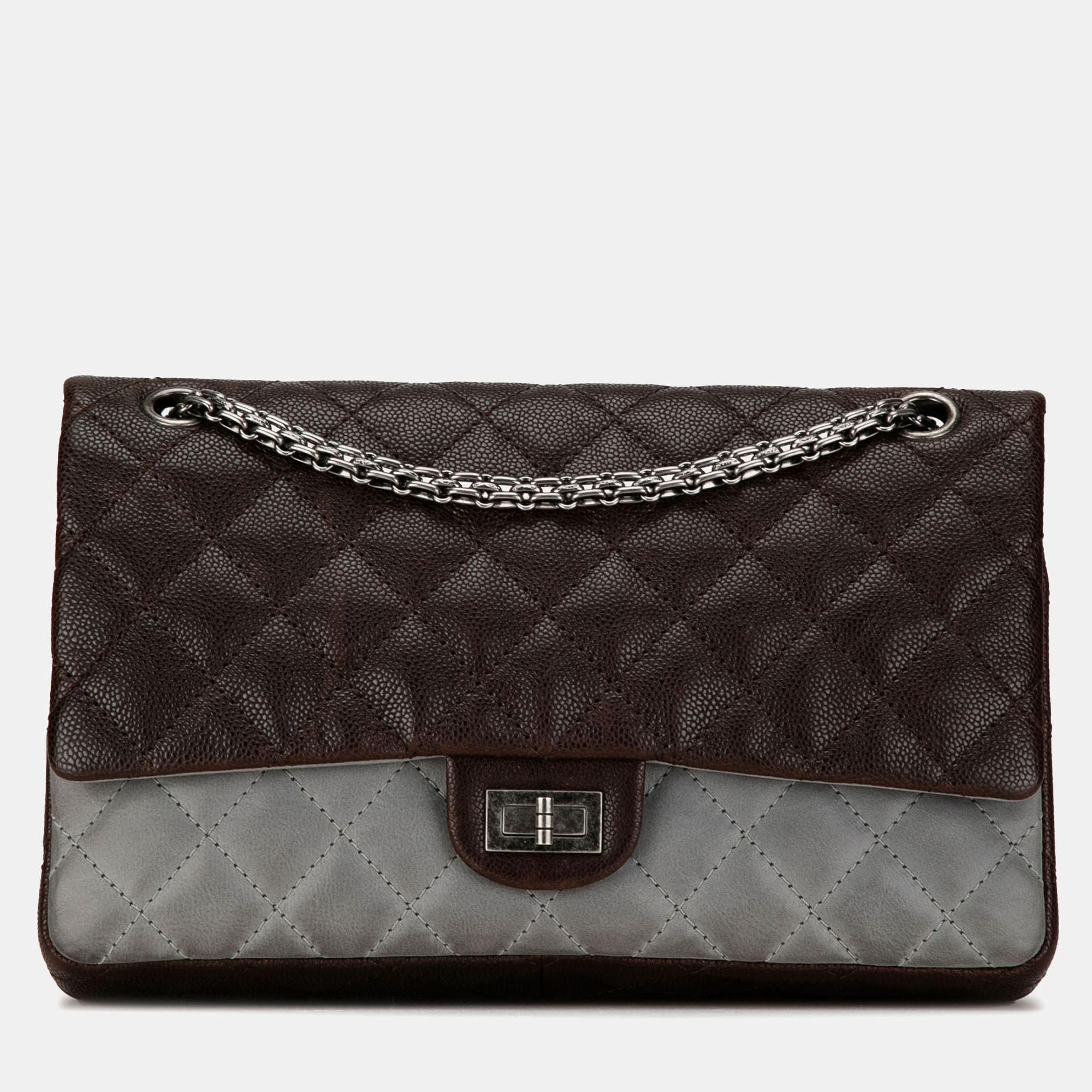

Chanel Brown/Grey Caviar & Iridescent Calfskin Reissue 2.55 Double Flap Bag 226