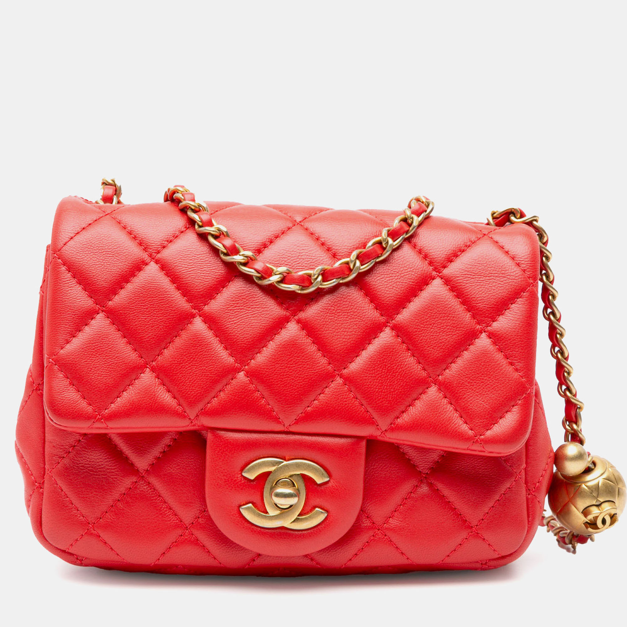 

Chanel Red Mini Square Classic Lambskin Pearl Crush Single Flap Bag
