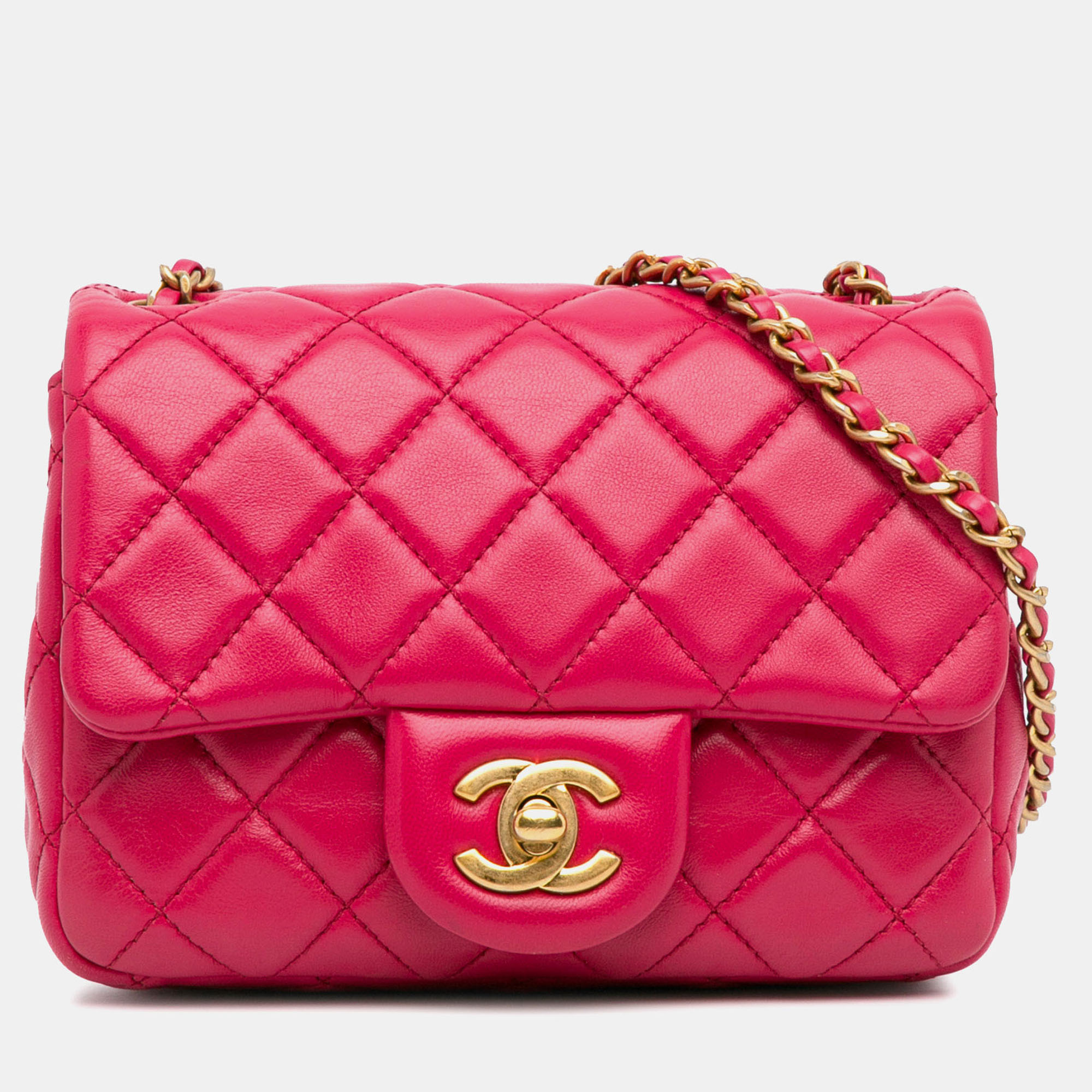 

Chanel Pink Mini Square Classic Lambskin Pearl Crush Single Flap Bag