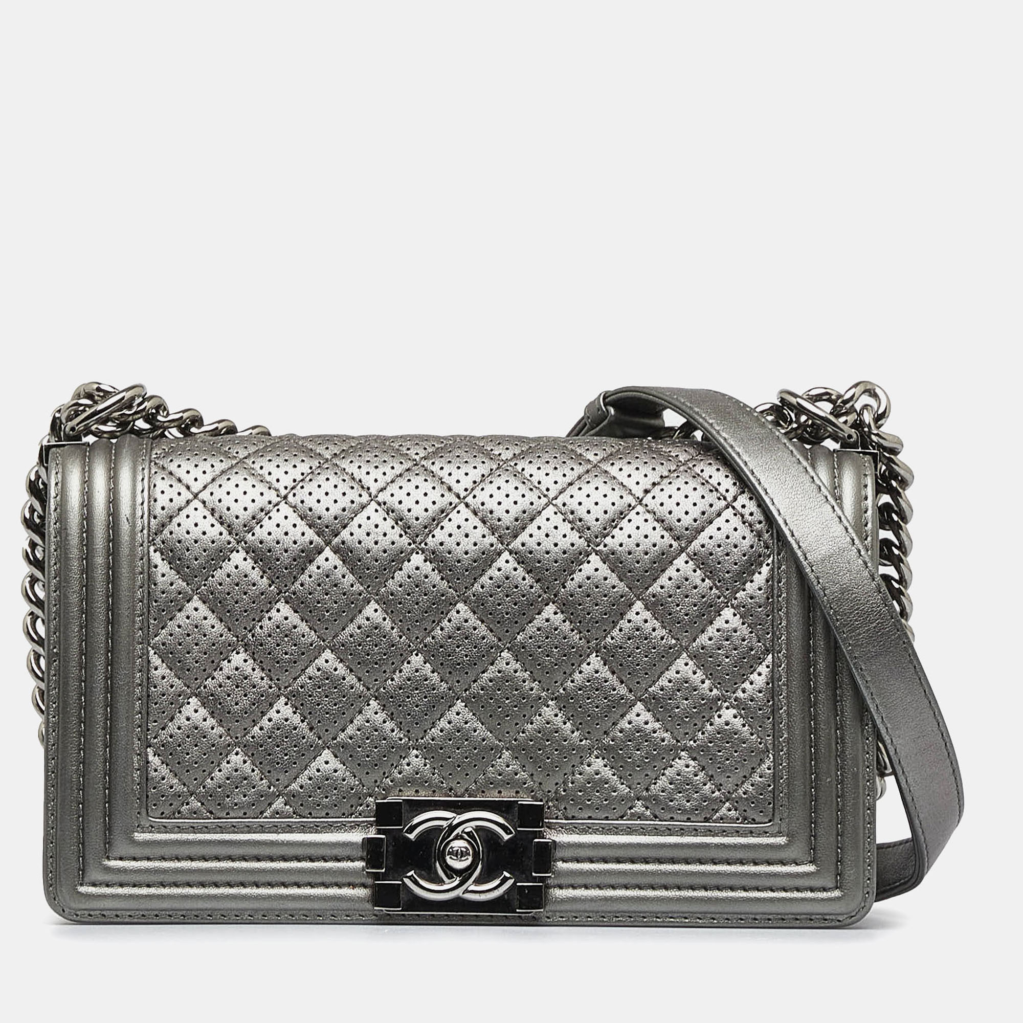 

Chanel Silver Old Medium Quilted Perforated Metallic Lambskin Boy Flap