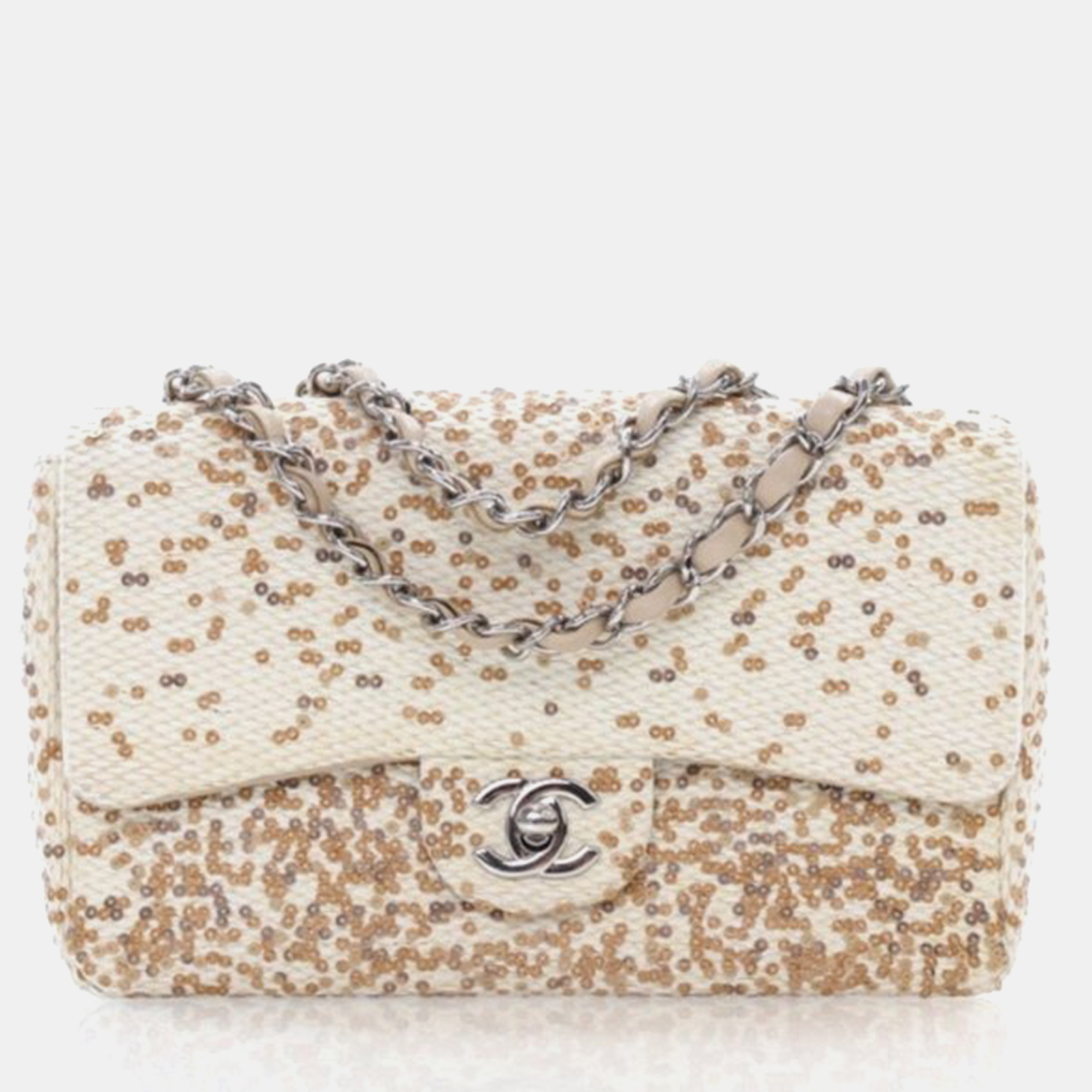 

Chanel Single Flap Small Beige Raffia Sequin Bag