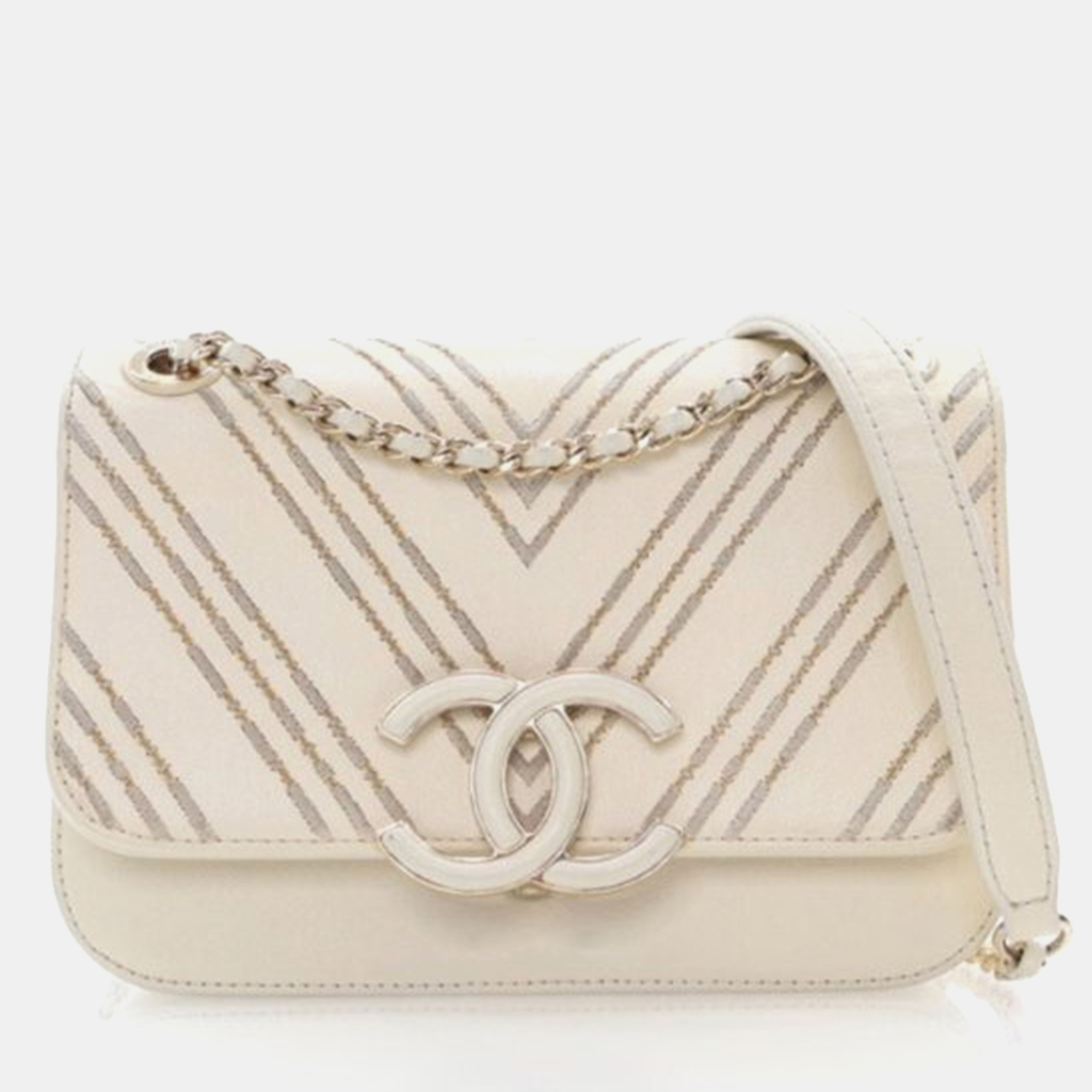 

Chanel Chevron Triple Stitch Small White Sheepskin Flap Bag