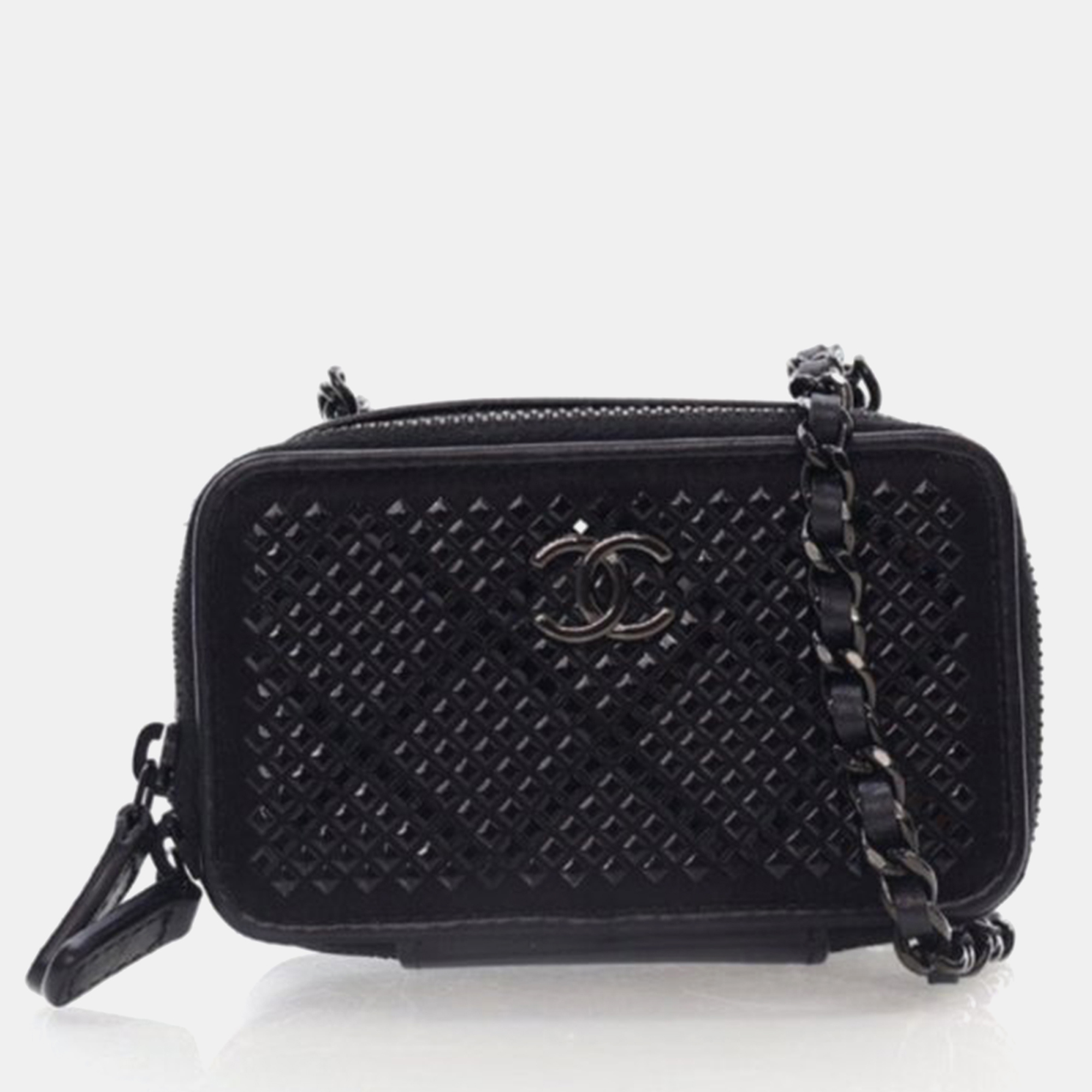 Pre-owned Chanel Mini So Black Lambskin Satin Strass Studded Clutch With Chain