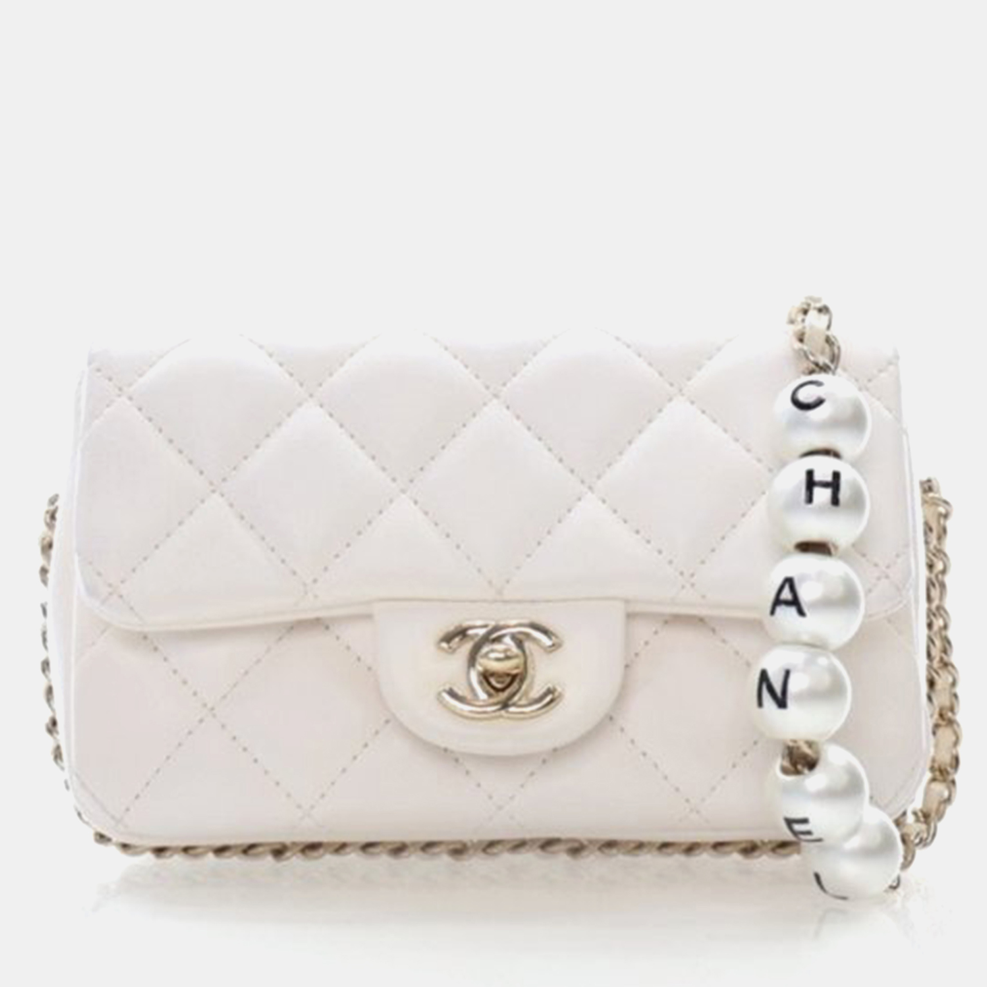 

Chanel Flap Mini White Lambskin Logo Pearl Chain Bag