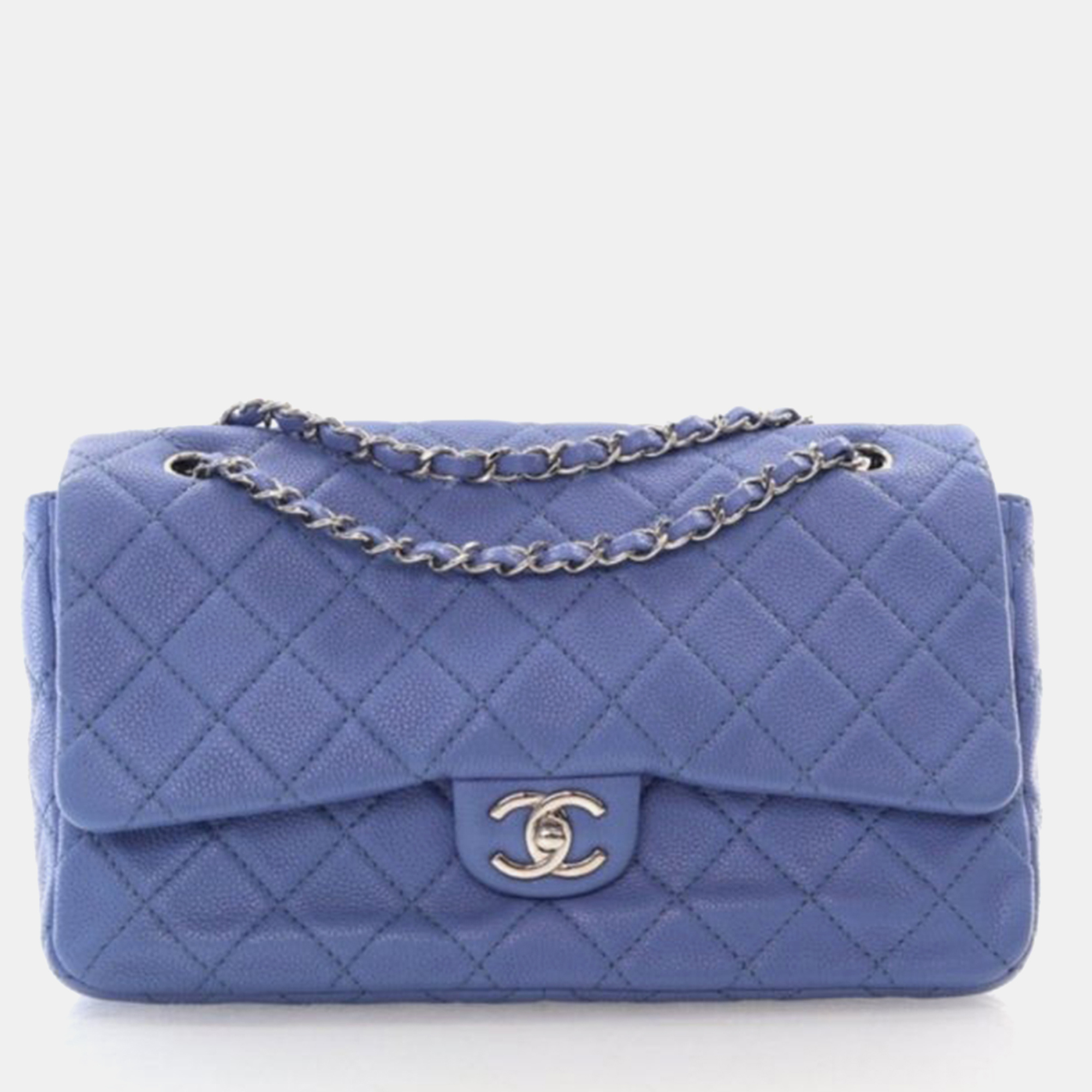 

Chanel Accordion Jumbo Blue Caviar Dual Compartment Flap Bag