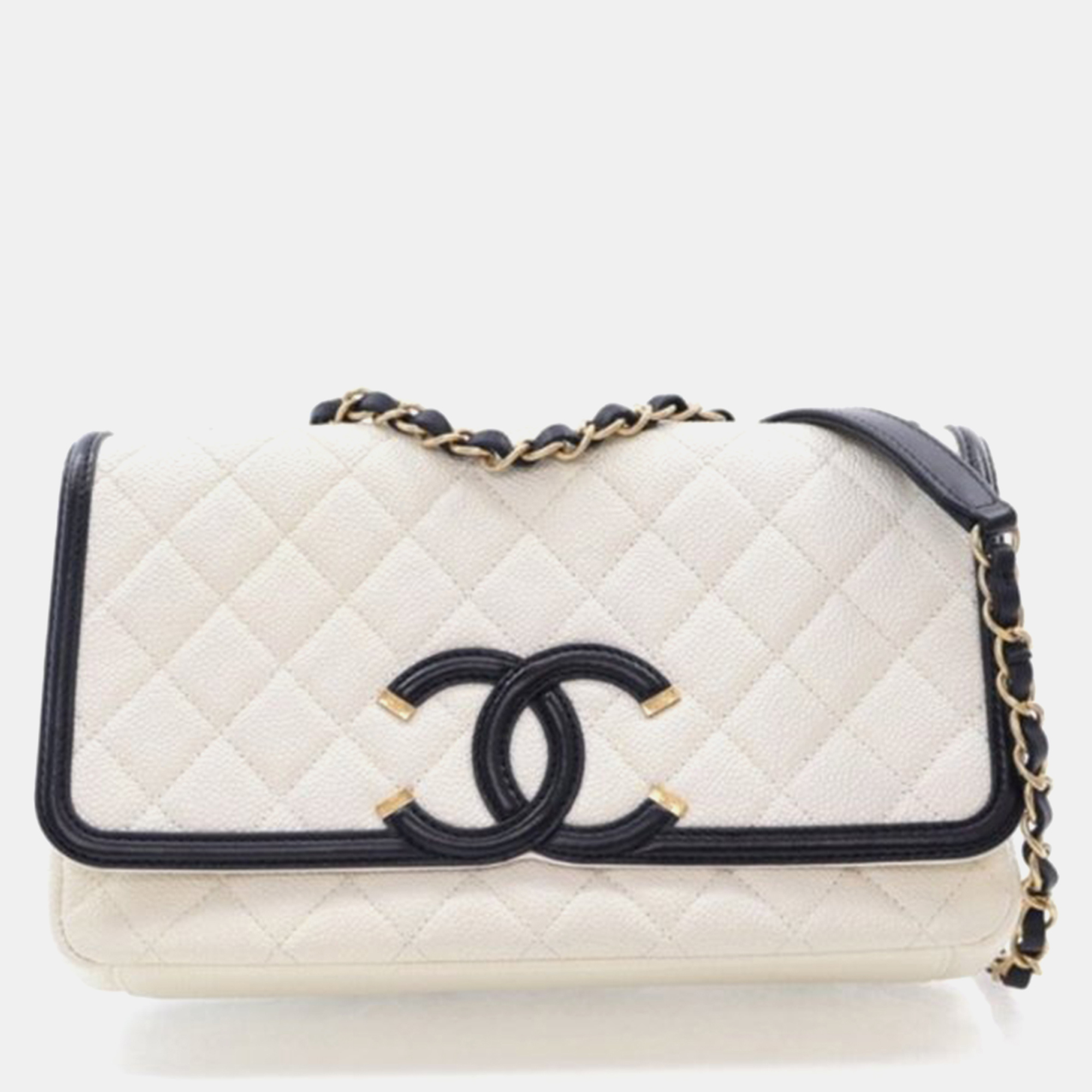 

Chanel Filigree Medium White Black Caviar Leather Shoulder Bag