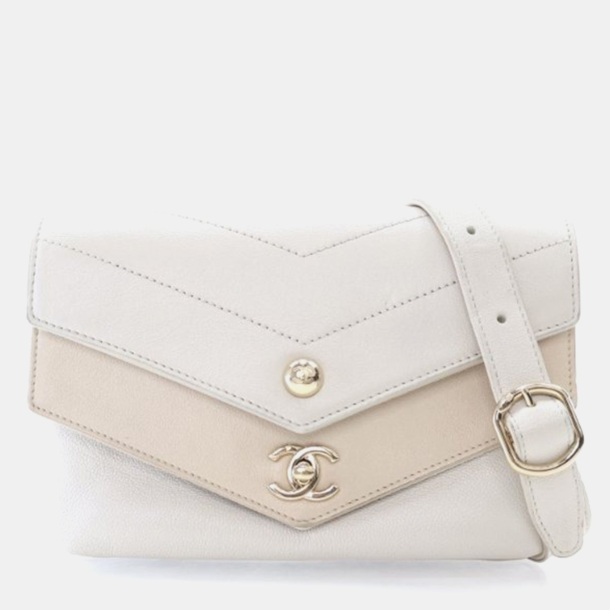 

Chanel Chevron Double Mini Off White Beige Sheepskin Waist Bag, Cream