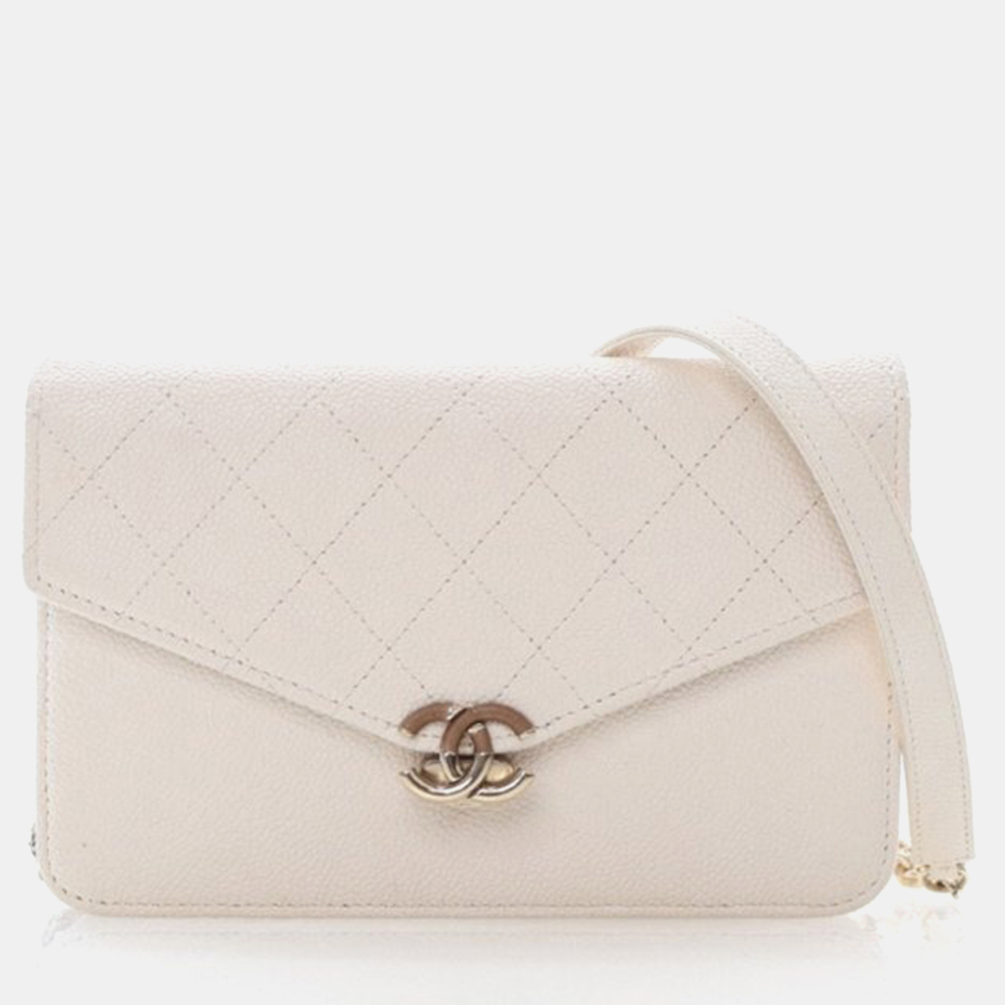 Pre-owned Chanel White Caviar Cuba Wallet On Chain (woc)