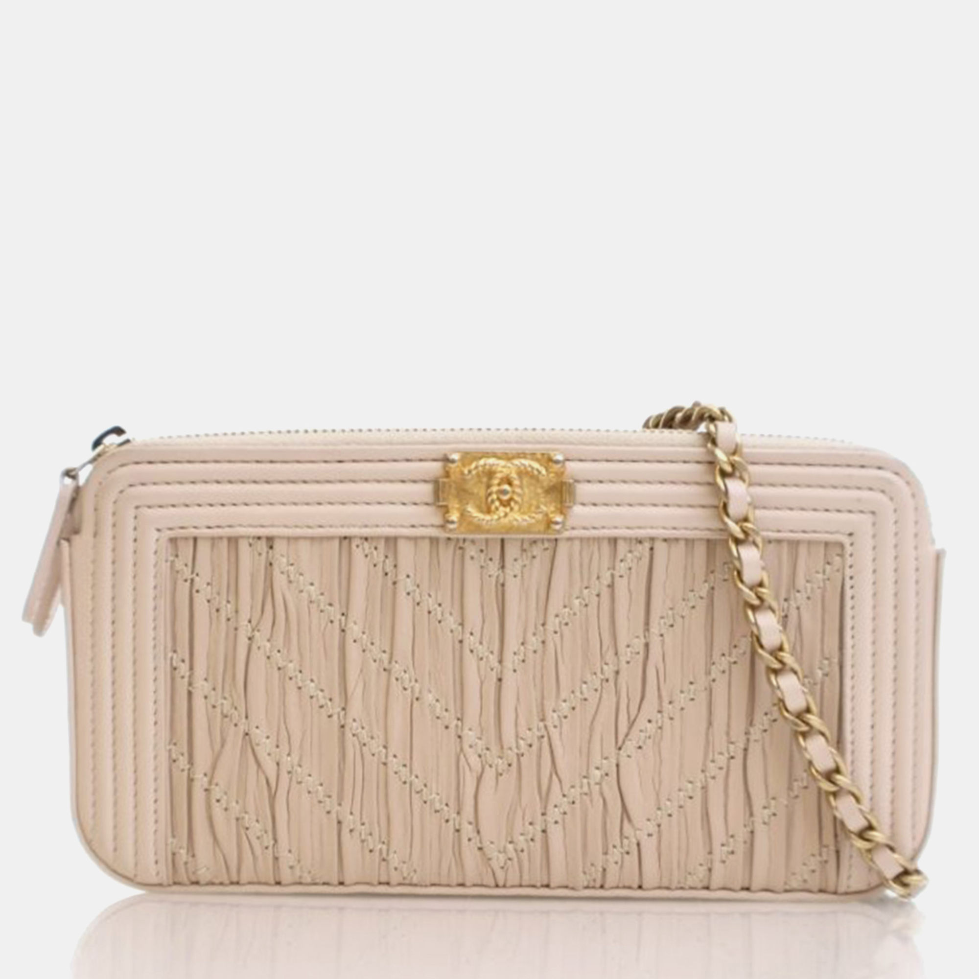 

Chanel Boy Small Brown Cream Crumpled Lambskin With Chain, Beige