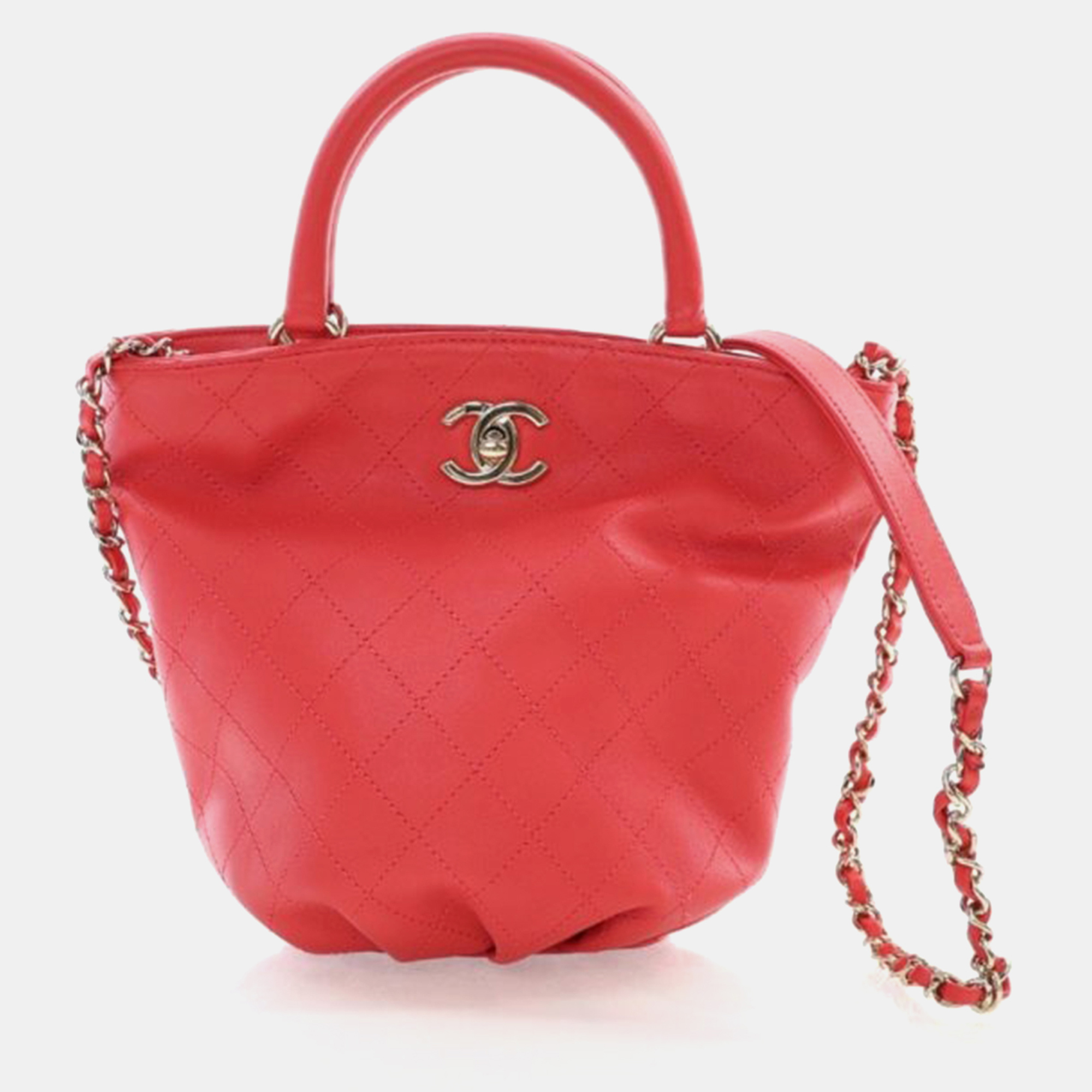 

Chanel Bucket Small Red Calfskin CC Lock Tote Bag