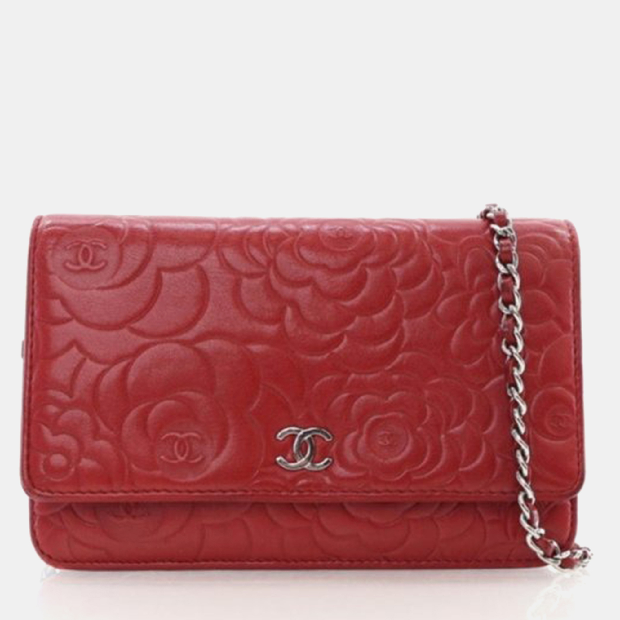 

Chanel Red Lambskin Camellia Embossed Wallet On Chain (WOC)