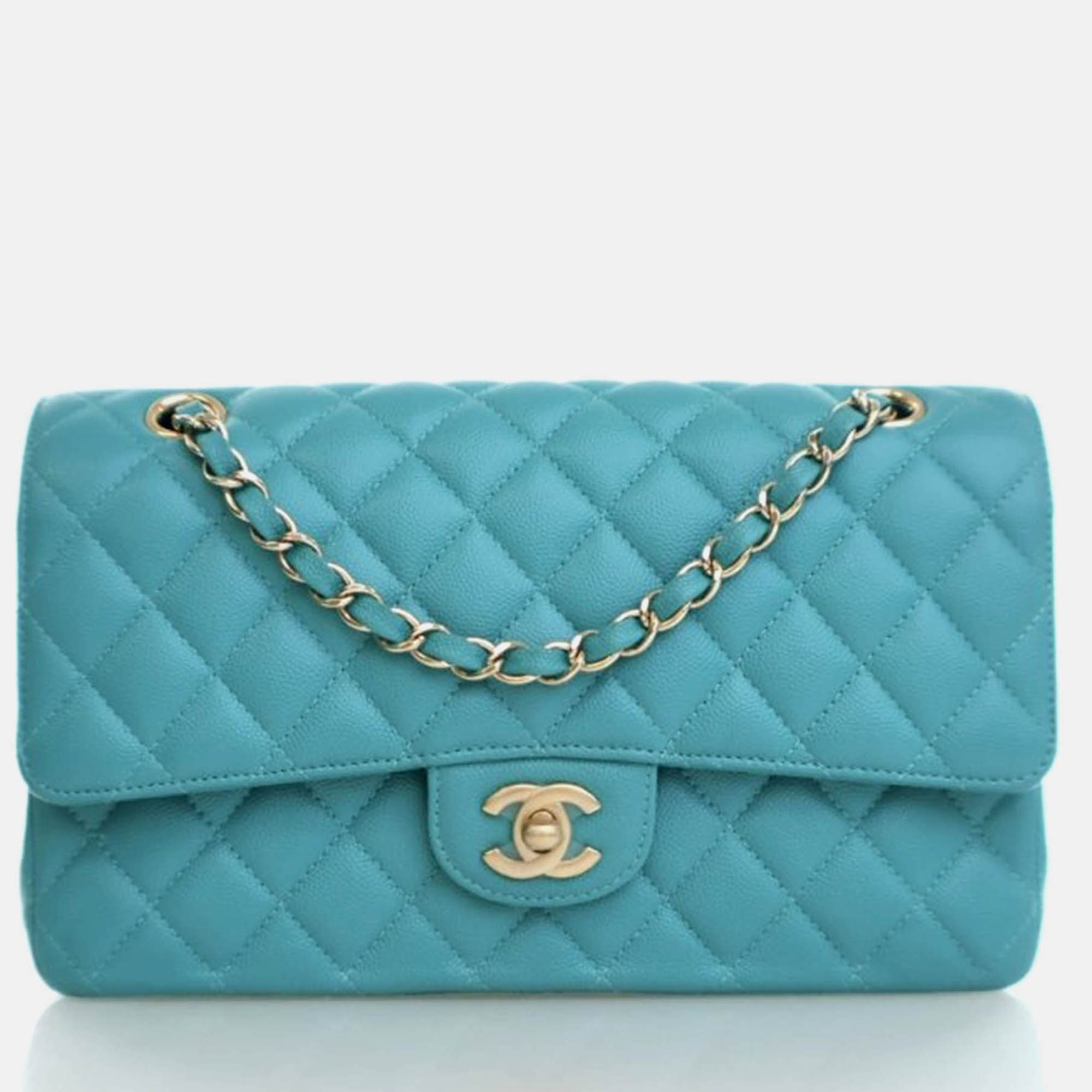 

Chanel Classic Double Flap Medium Blue Green Caviar Leather Shoulder Bag