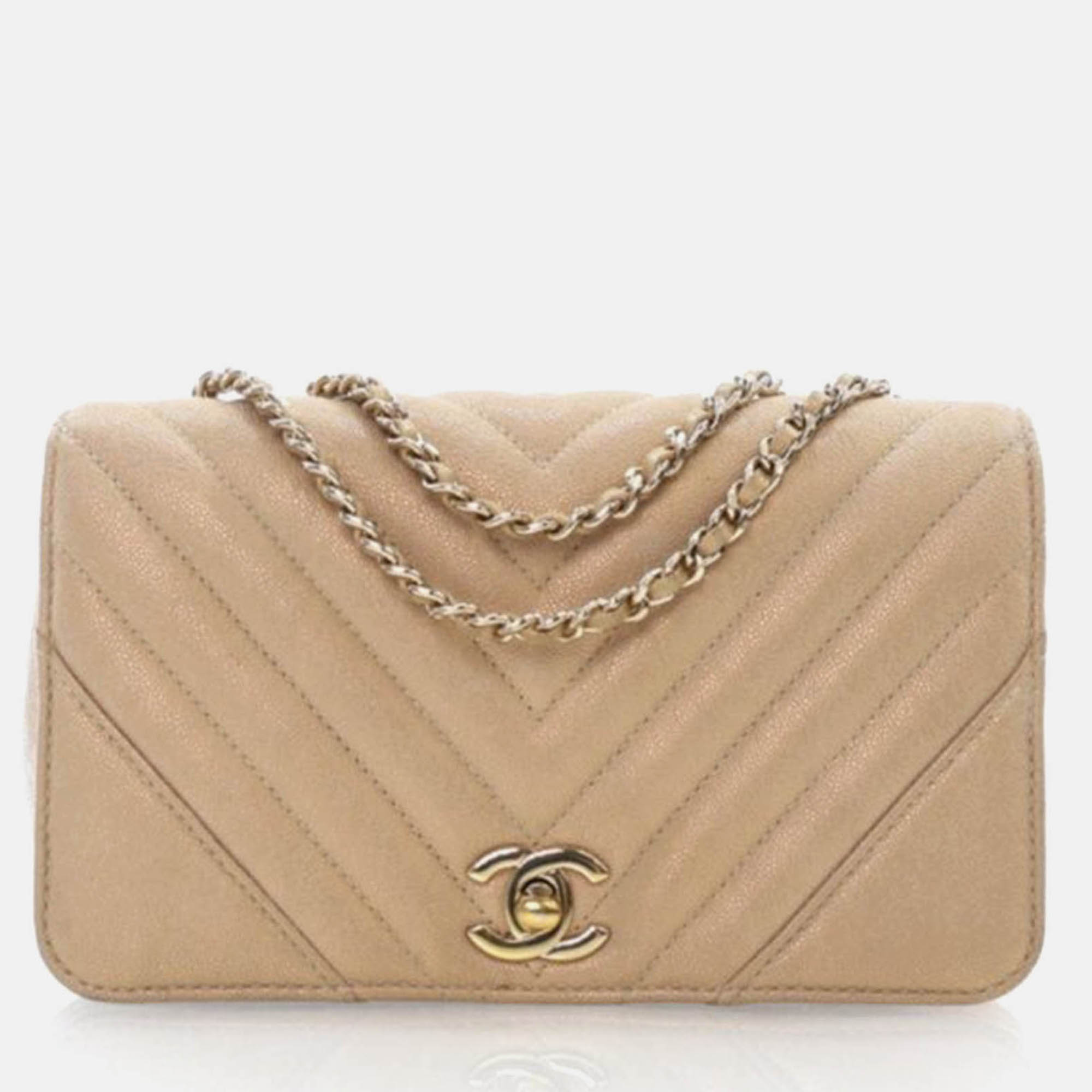 

Chanel Chevron Mini Gold Iridescent Calfskin Flap Bag, Brown