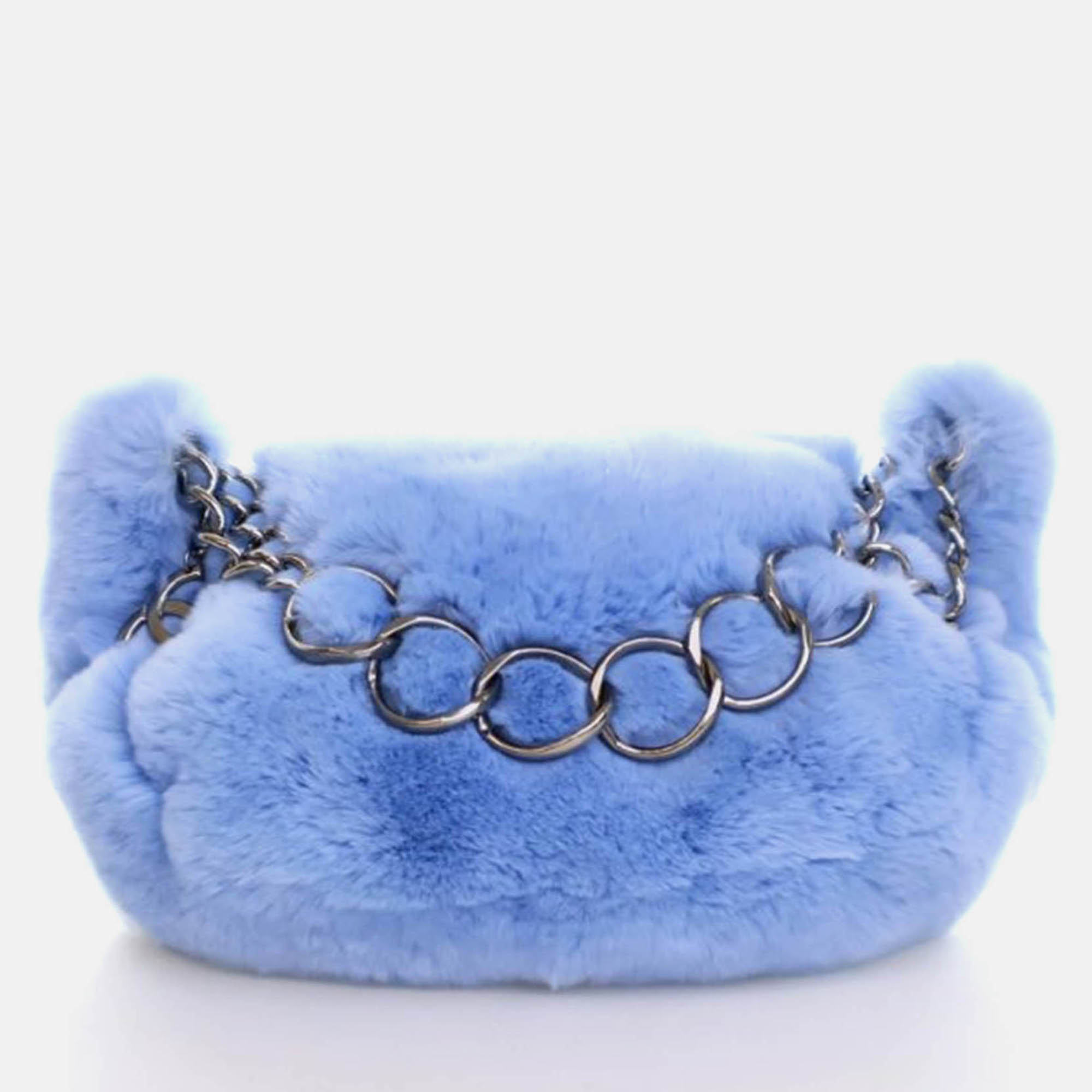 

Chanel Vintage Blue Rabbit Fur Chain Hobo Bag