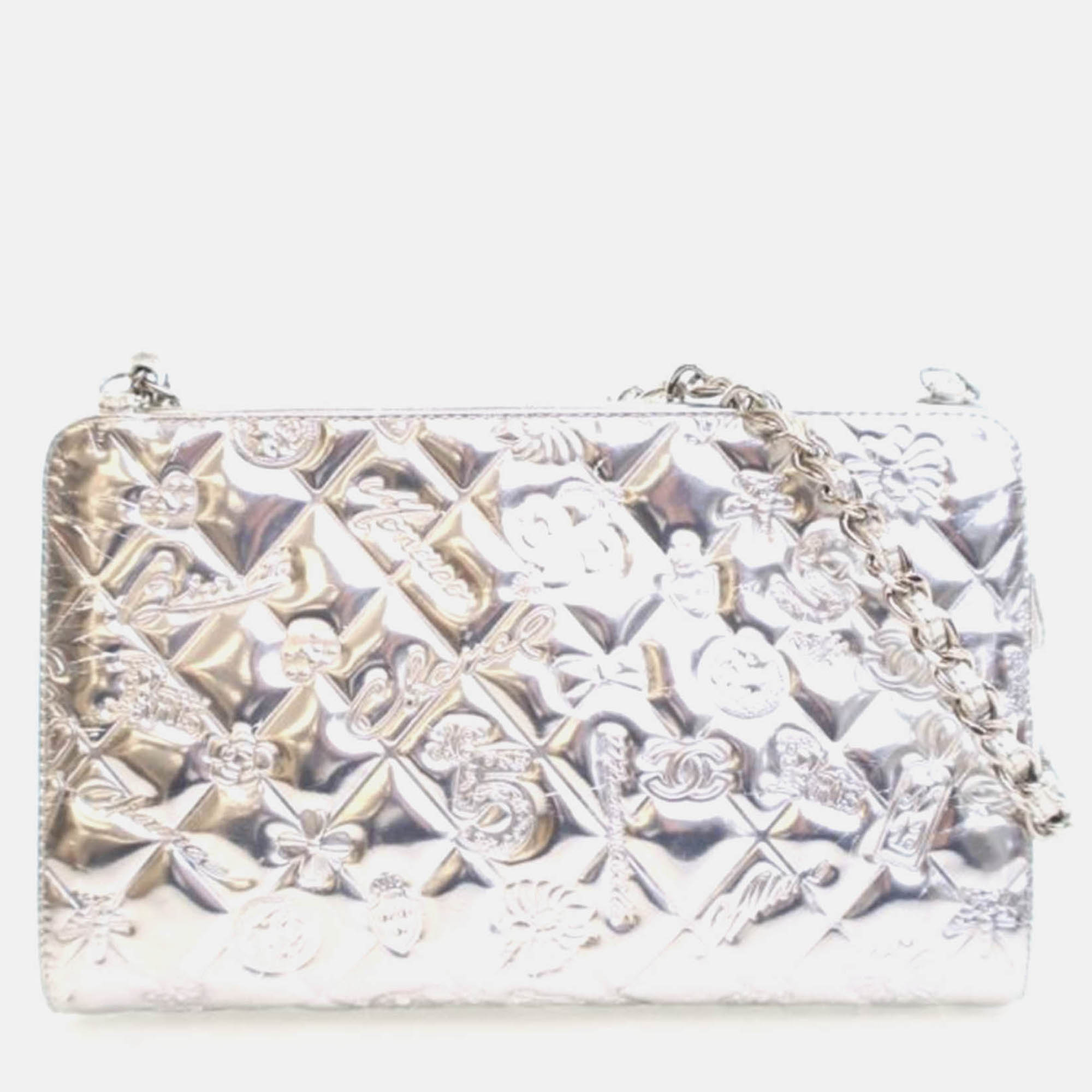 

Chanel Pochette Silver Patent Leather Precious Symbols Bag