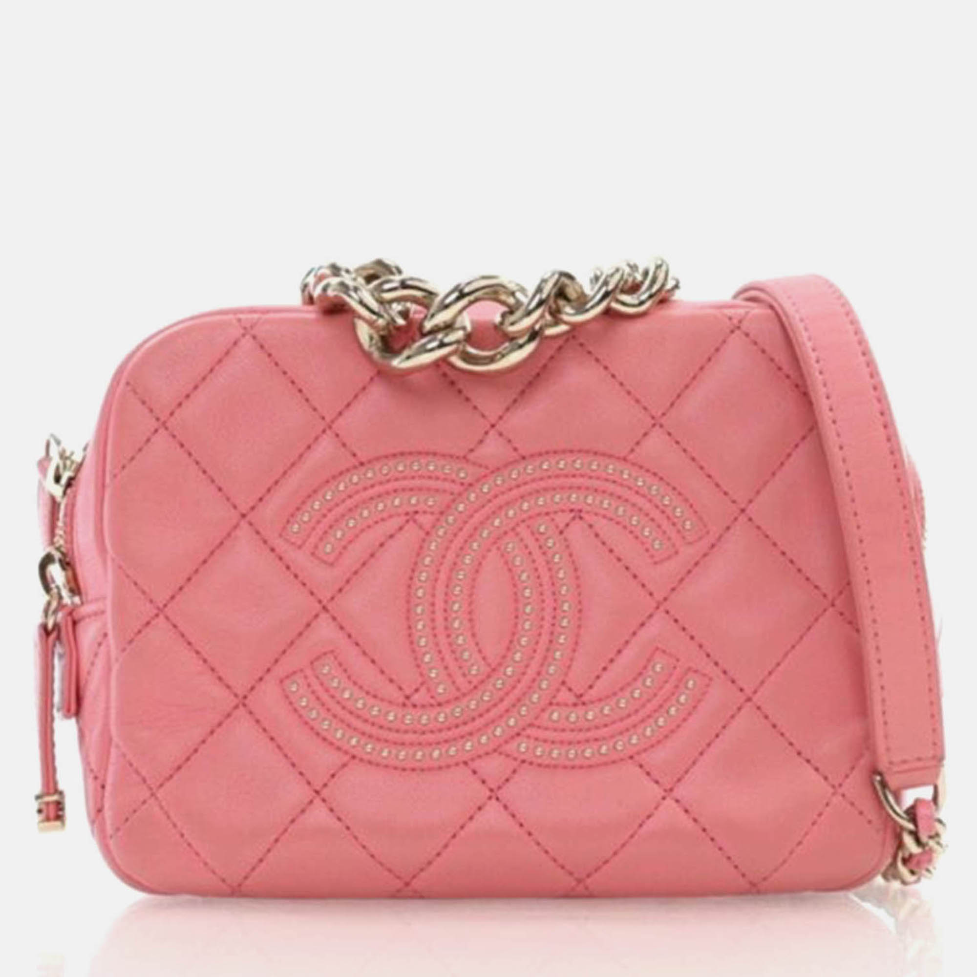 

Chanel Pink Lambskin Studded Beauty Begins Camera Case Bag