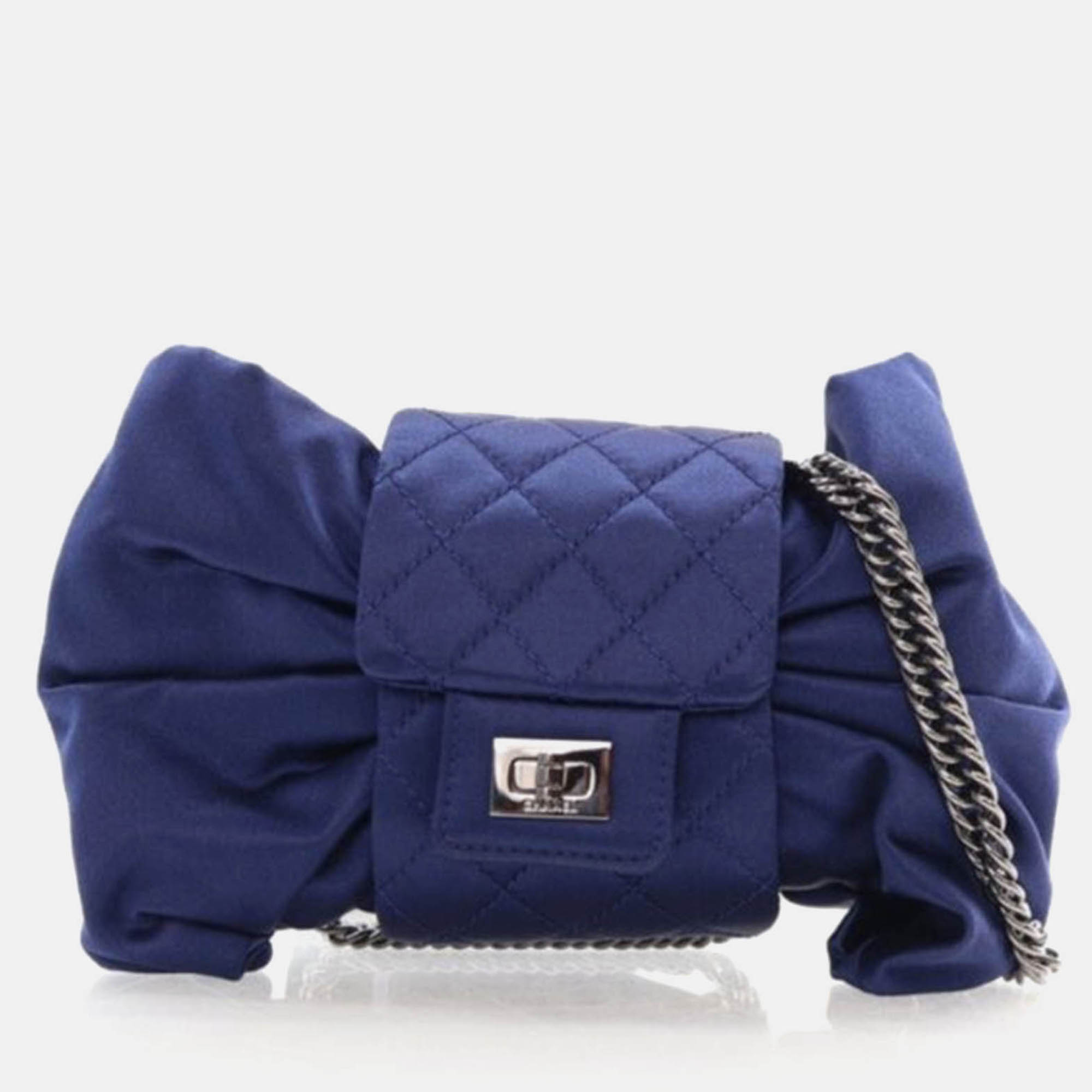 Chanel Evening Bow Vintage Navy Blue Satin Clutch Bag