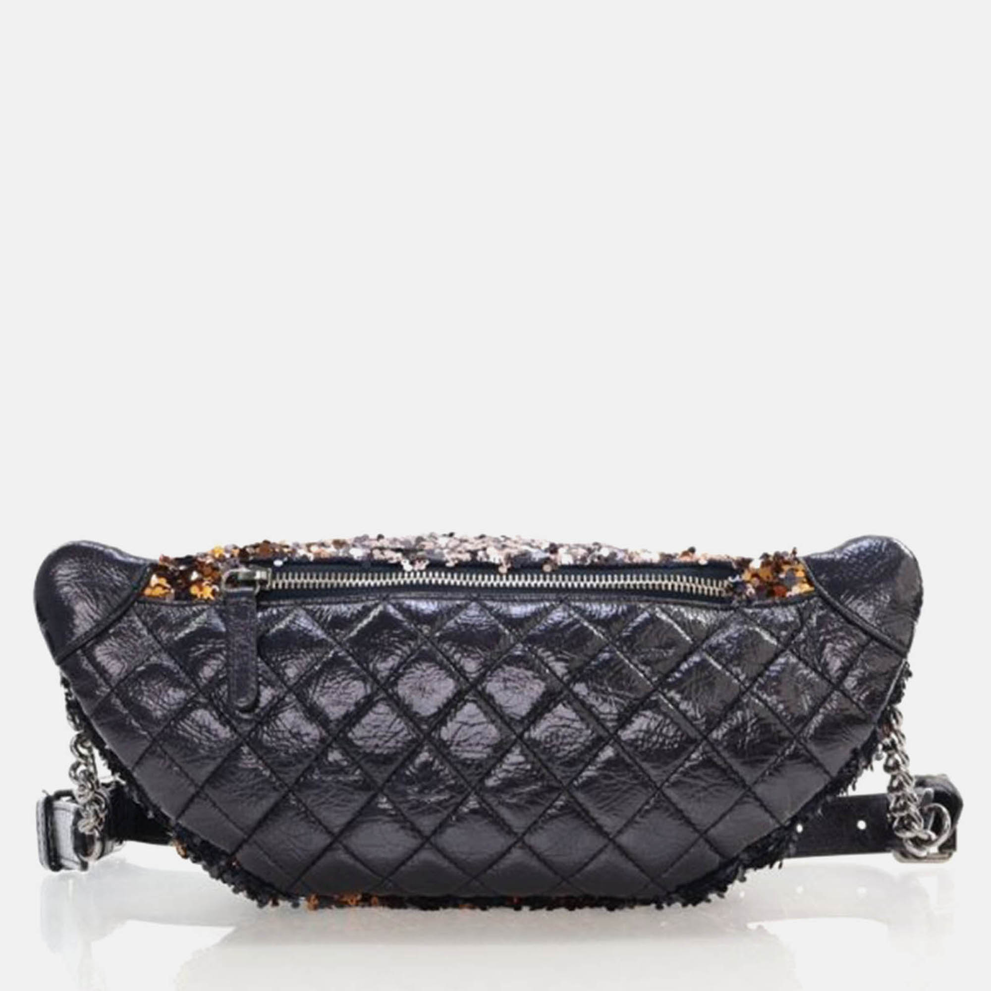 

Chanel Navy Glazed Calfskin Sequin Belt Bag, Navy blue