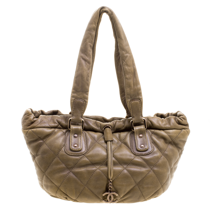 Pre Owned Chanel Khaki Quilted Leather CC Drawstring Tote