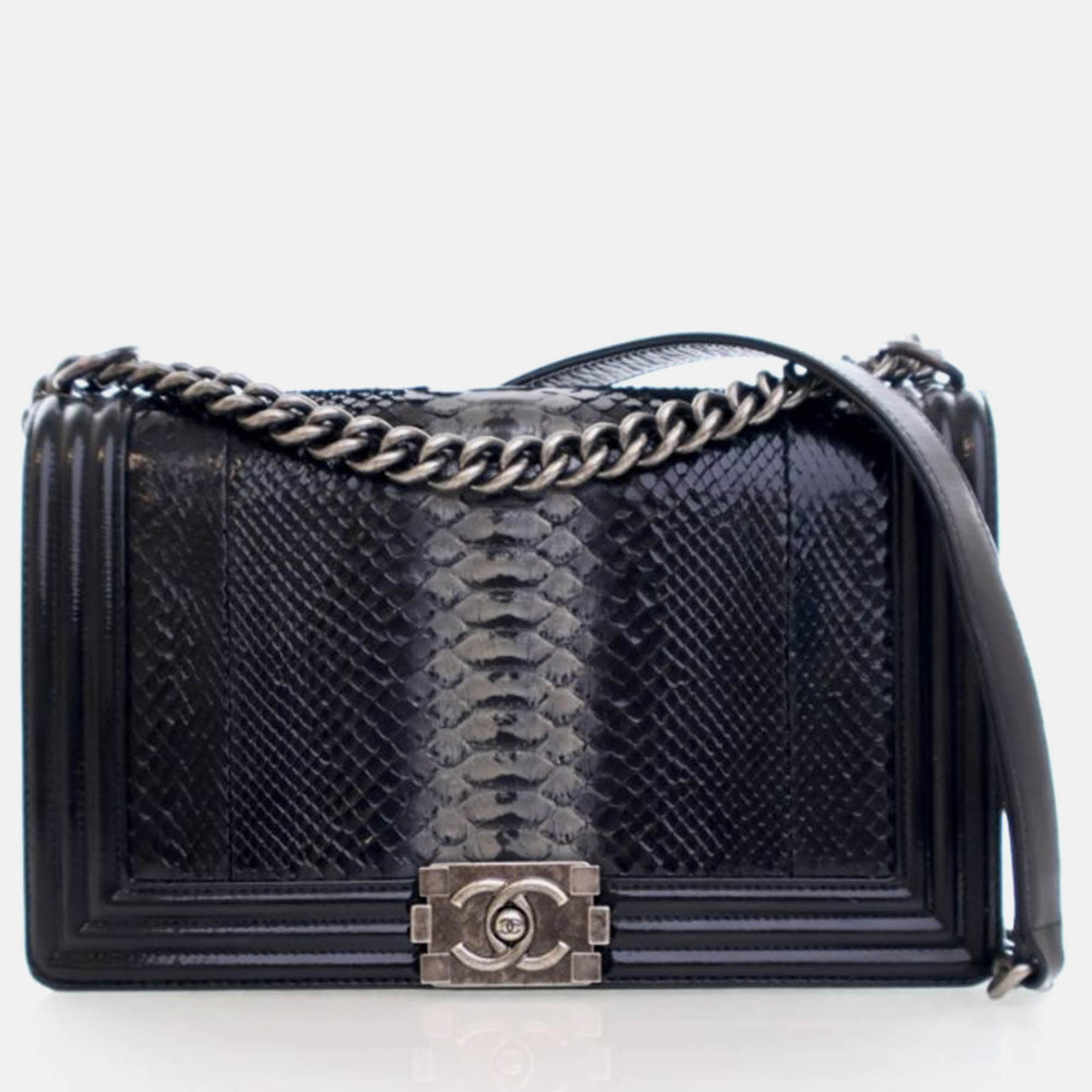 

Chanel Boy Large Black Python Patent Leather Shoulder Bag