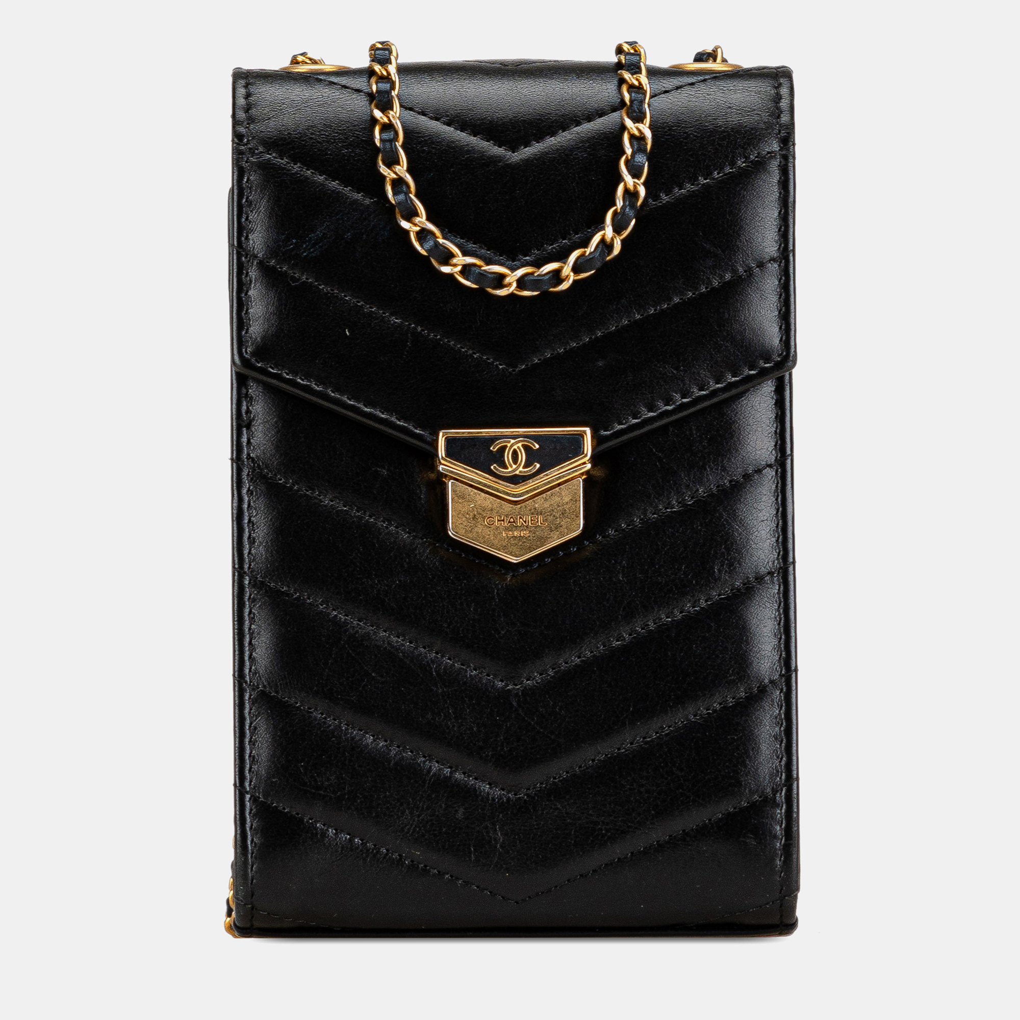 Pre-owned Chanel Black Calfskin Cc Chevron Medal Envelope Vertical Clutch With Chain