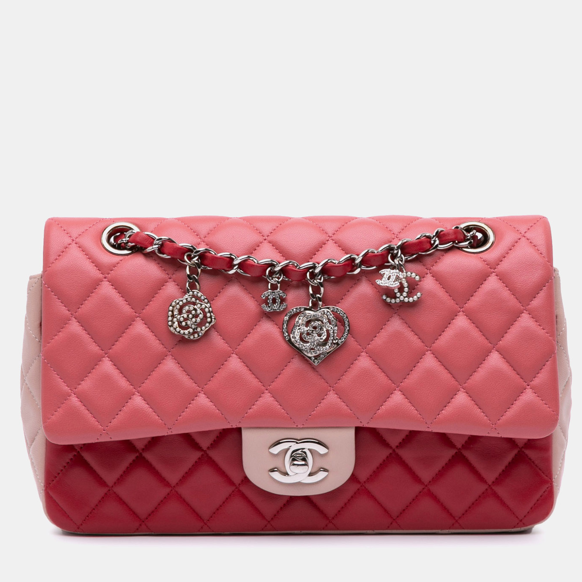 

Chanel Pink Medium Classic Tricolor Lambskin Valentines Heart Charms Single Flap