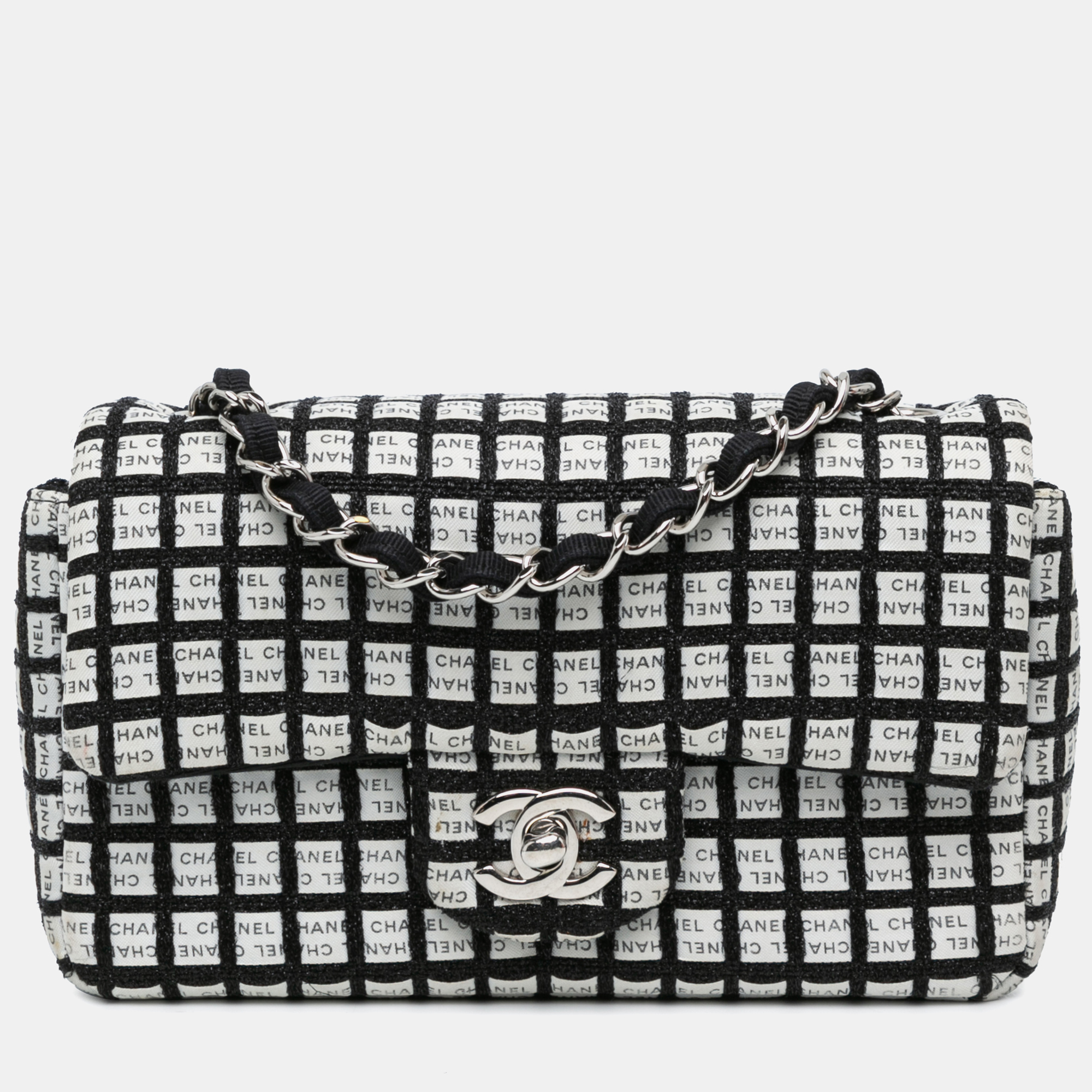 

Chanel Black White Mini Rectangular Classic Ribbon Tweed Double Flap