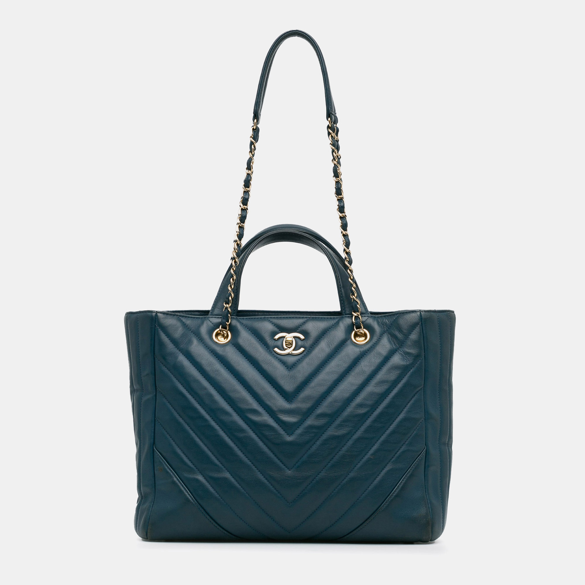 

Chanel Blue CC Chevron Calfskin Statement Shopping Tote