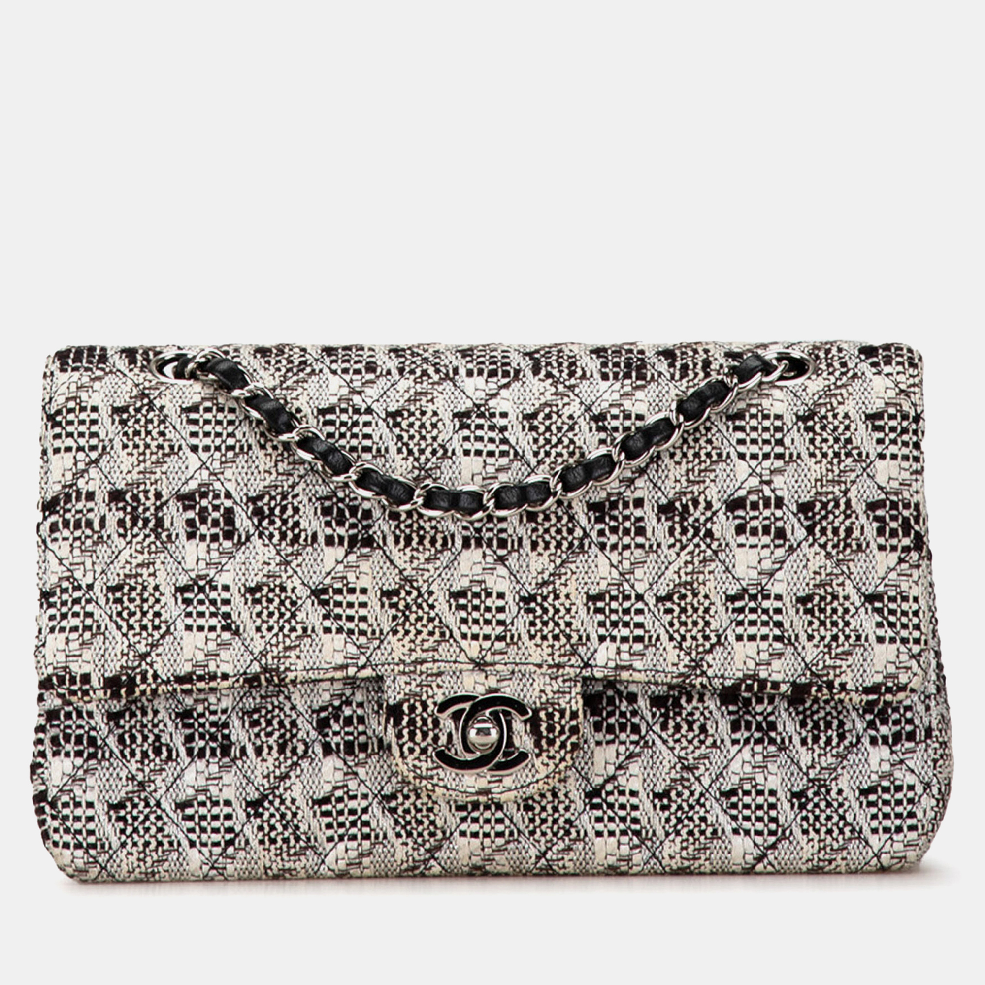 

Chanel Black White Medium Classic Tweed Double Flap