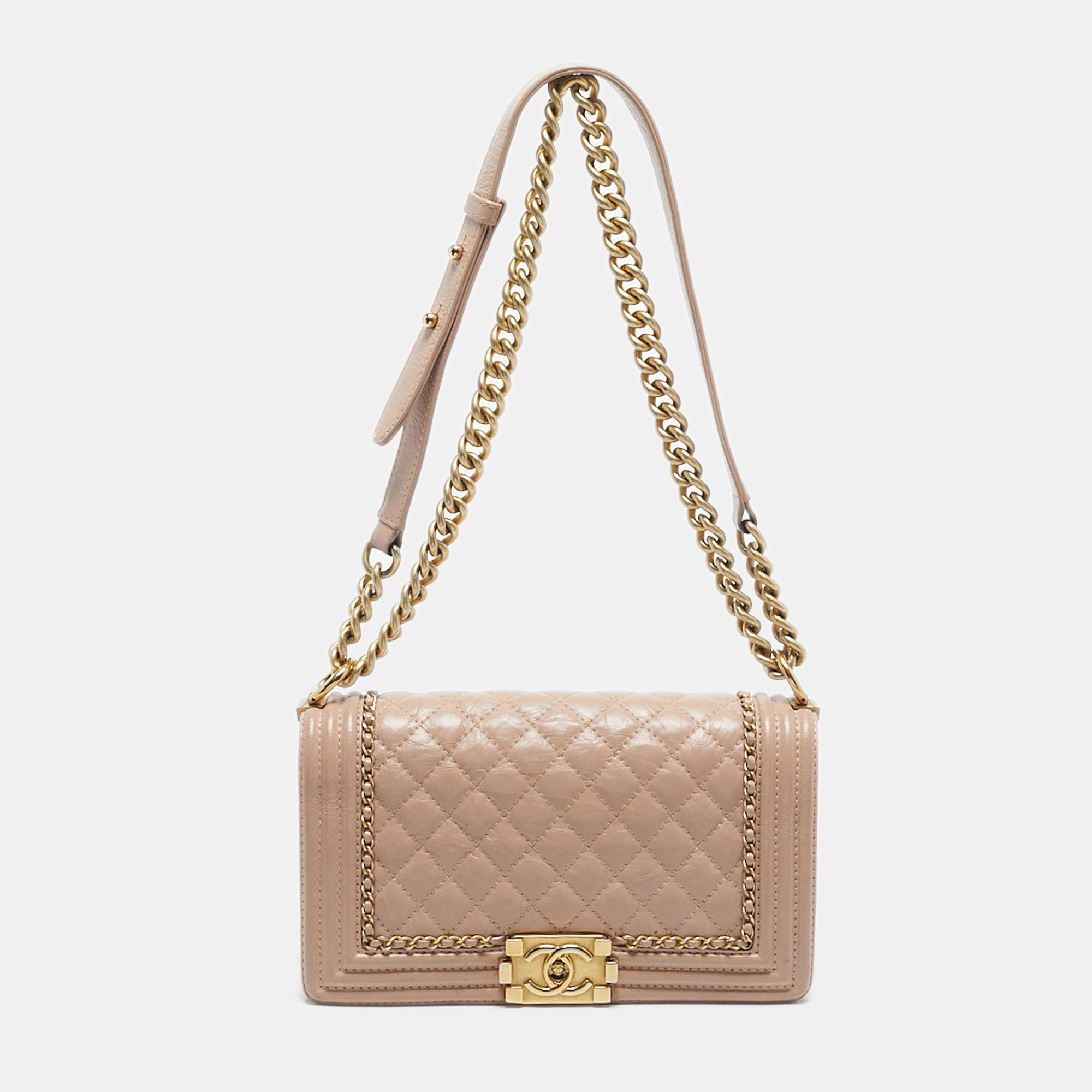 

Chanel Pink Quilted Aged Leather Chain Around  Boy Flap Bag
