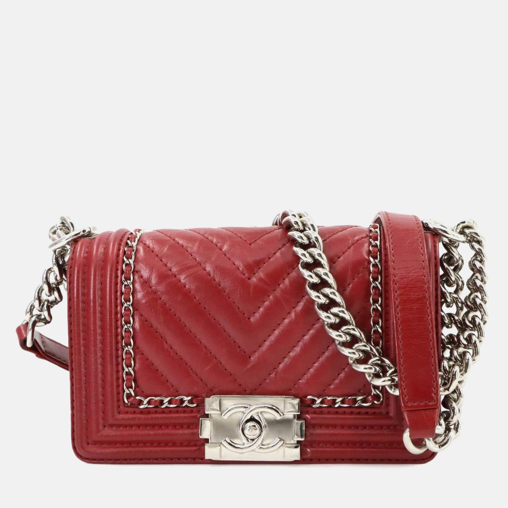 

Chanel Boy Small Red Chevron V Stitch Leather Chain Shoulder Bag