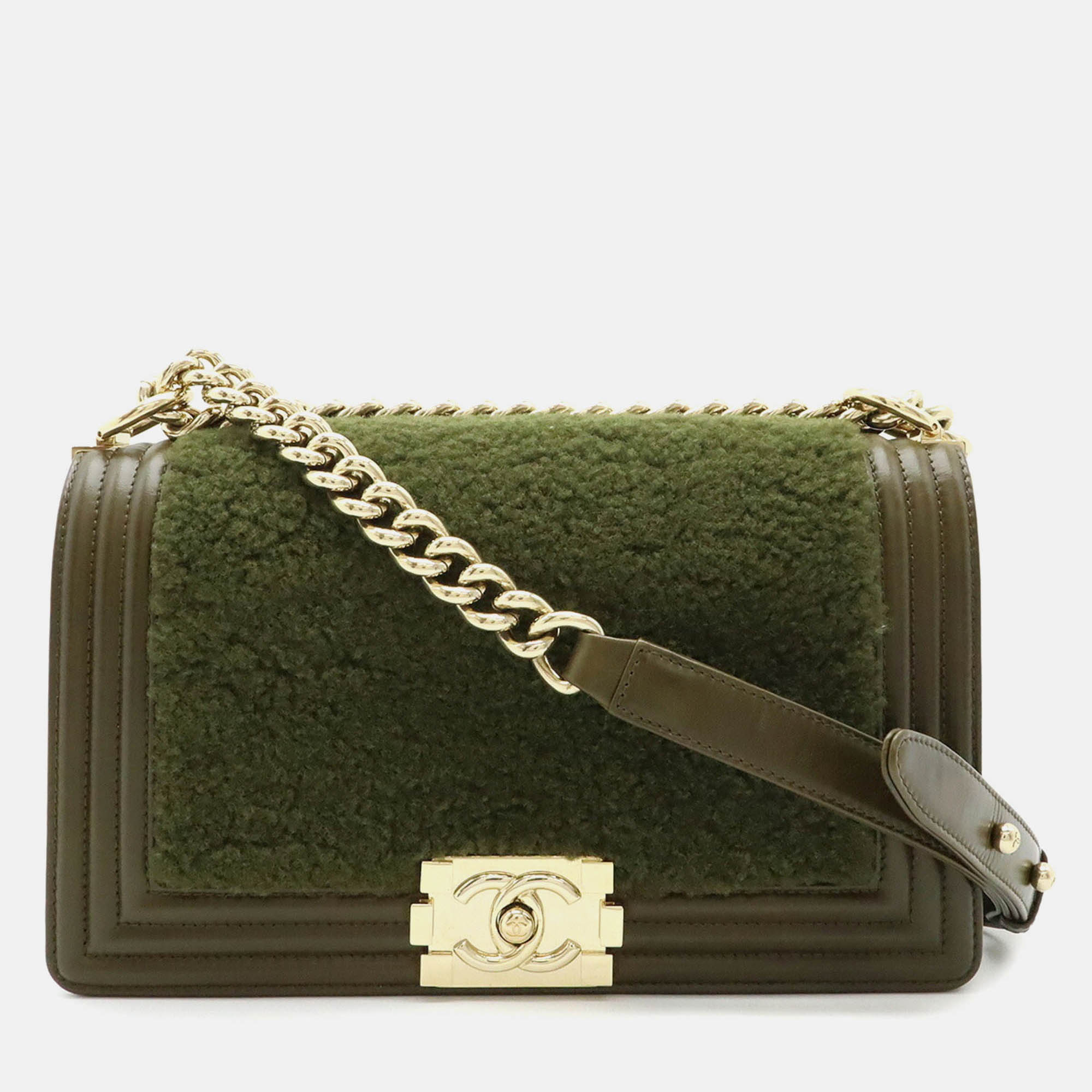 Pre-owned Chanel Coco Mark Chain Shoulder Bag Boa Leather Khaki Green