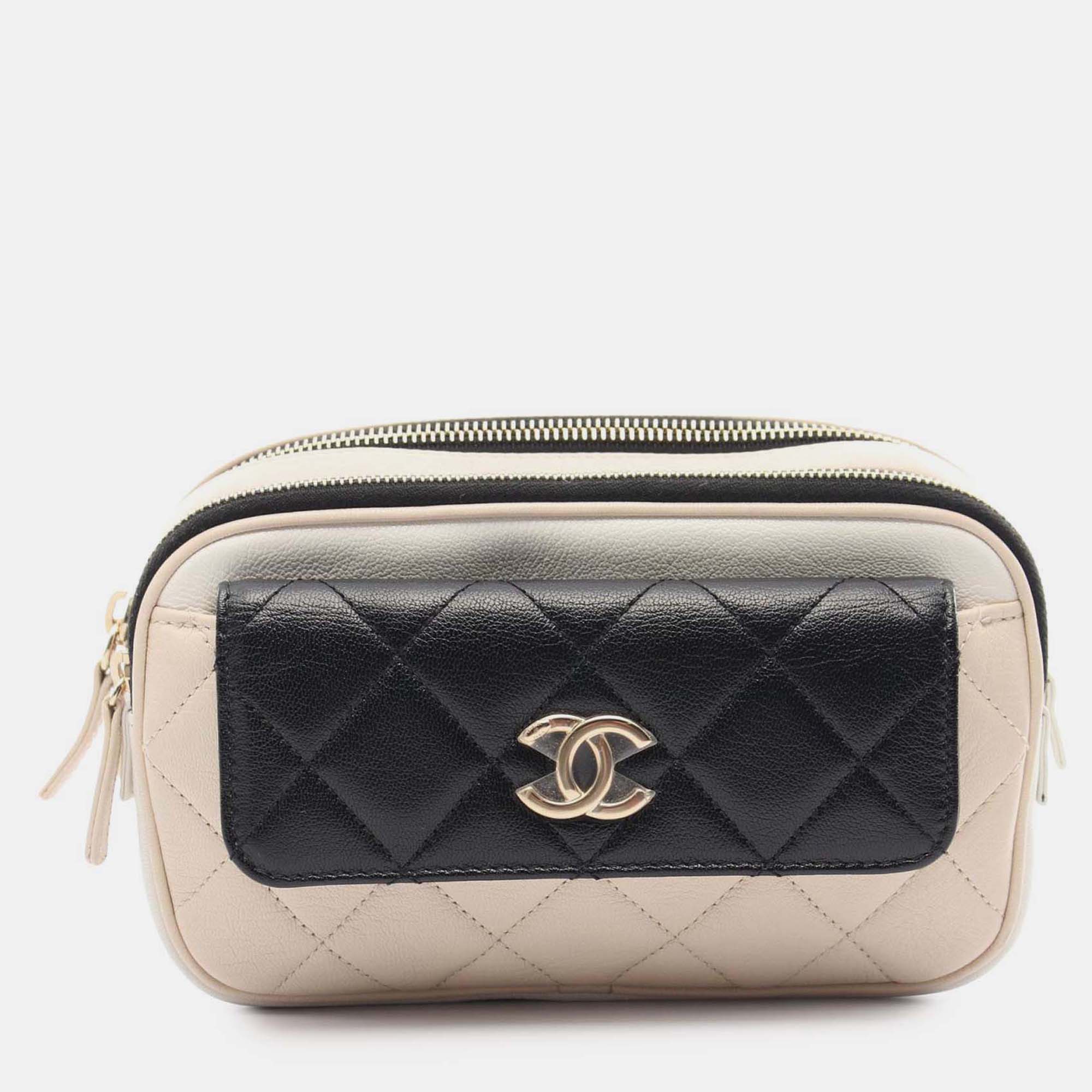 

Chanel Beige Black Tricolor Quilted Goatskin In and Out Belt Bag