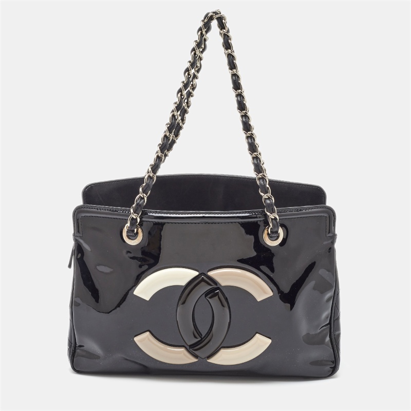 Pre-owned Chanel Black Patent Vinyl Small Cc Lipstick Ligne Tote