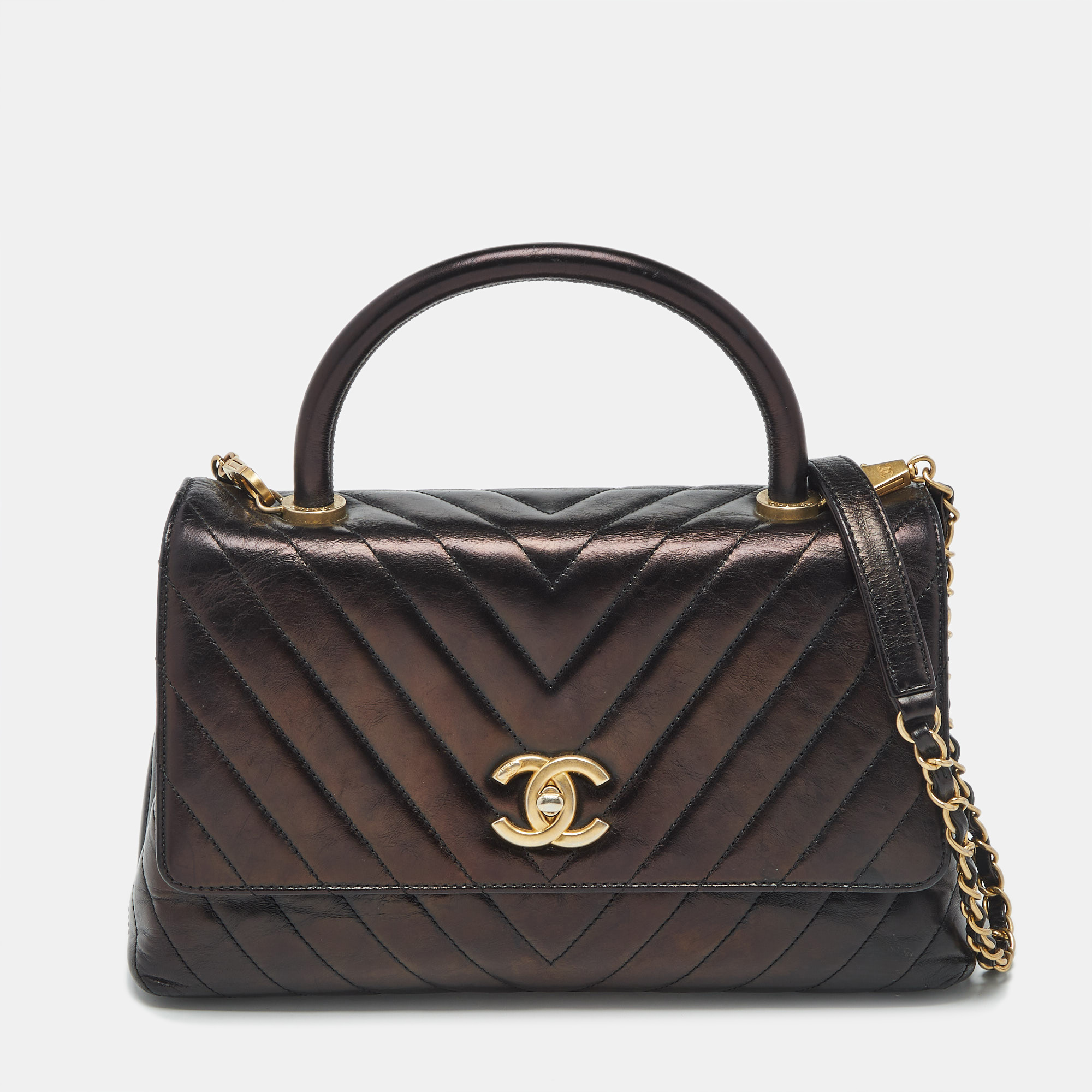 

Chanel Black Chevron Leather Small Coco Top Handle Bag