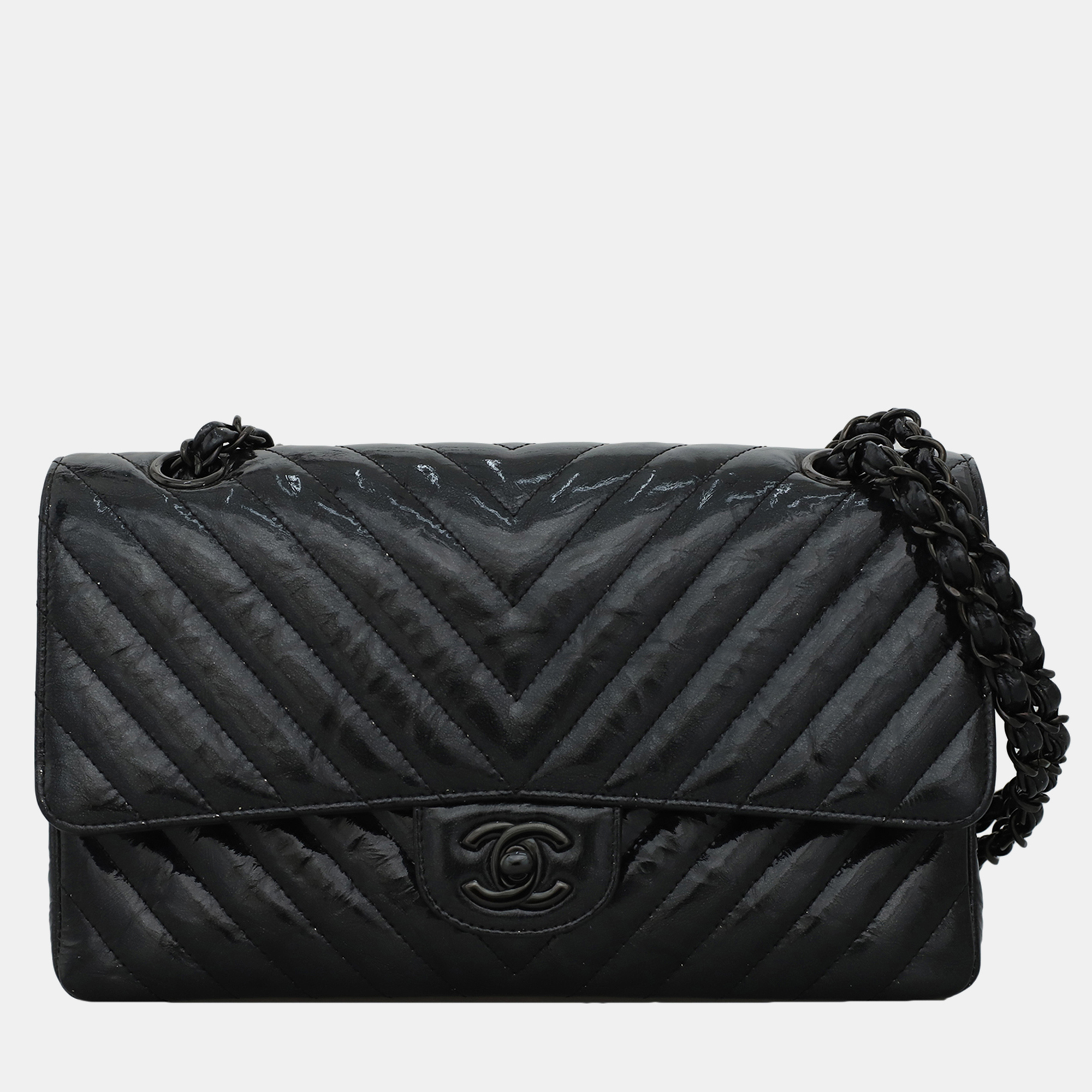

Chanel Patent Leather Chevron Medium Double Flap Bag, Black