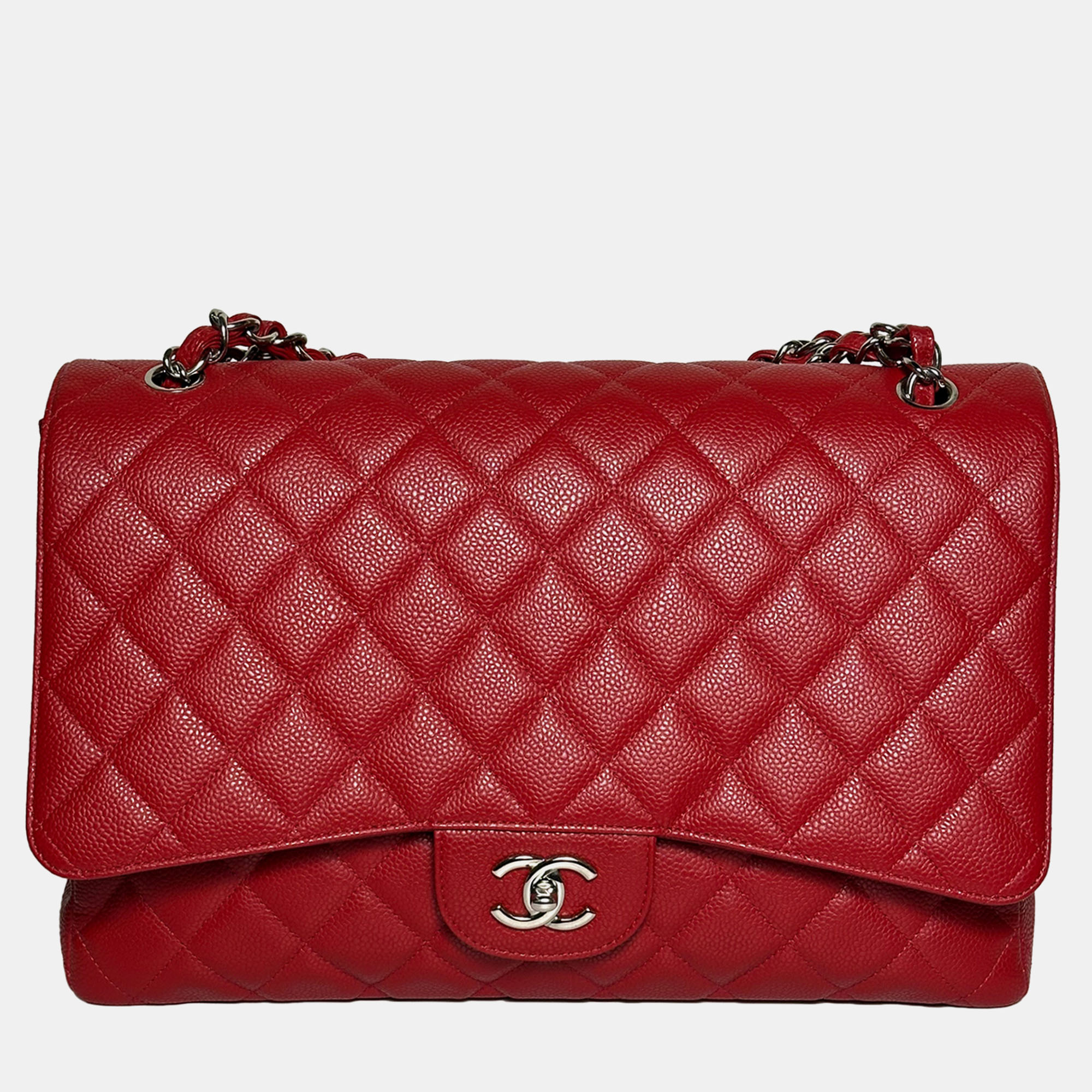 Pre-owned Chanel Red Caviar Maxi Classic Flap Bag In Shw