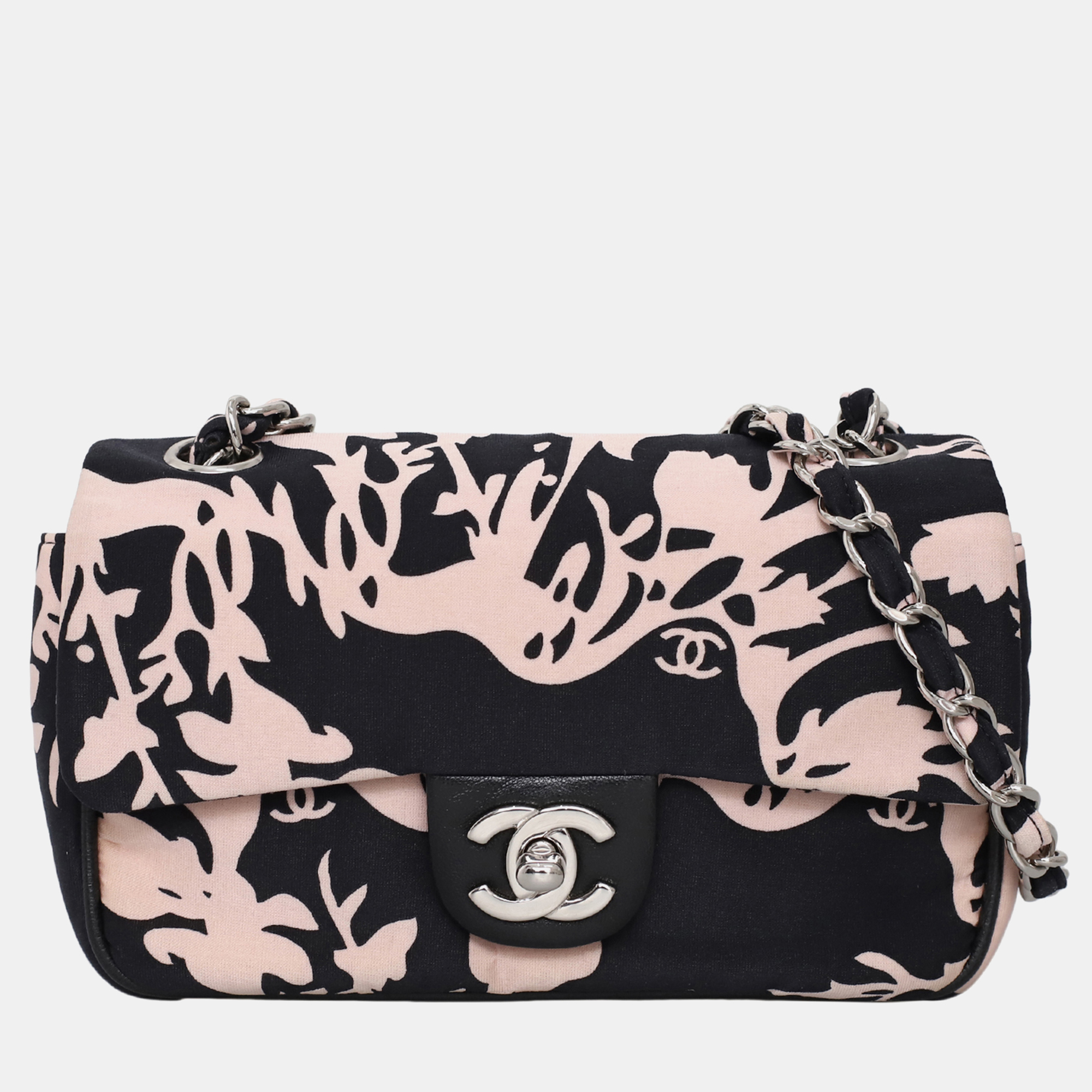 Pre-owned Chanel Printed Satin Mini Flap Shoulder Bag With Mirror In Black