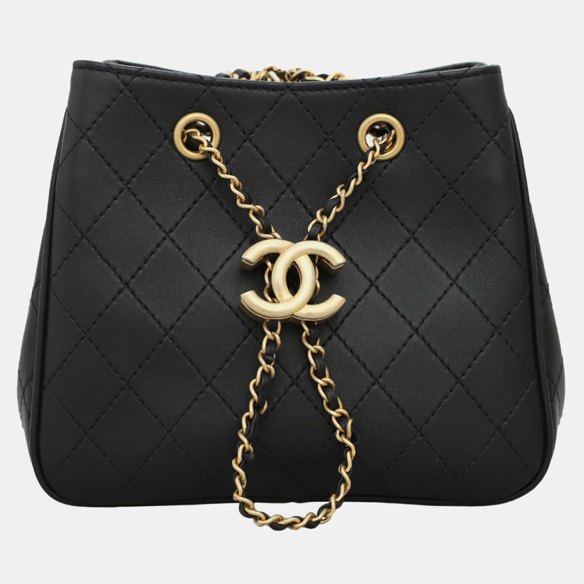 Pre-owned Chanel Calfskin Egyptian Amulet Drawstring Bucket Bag In Black