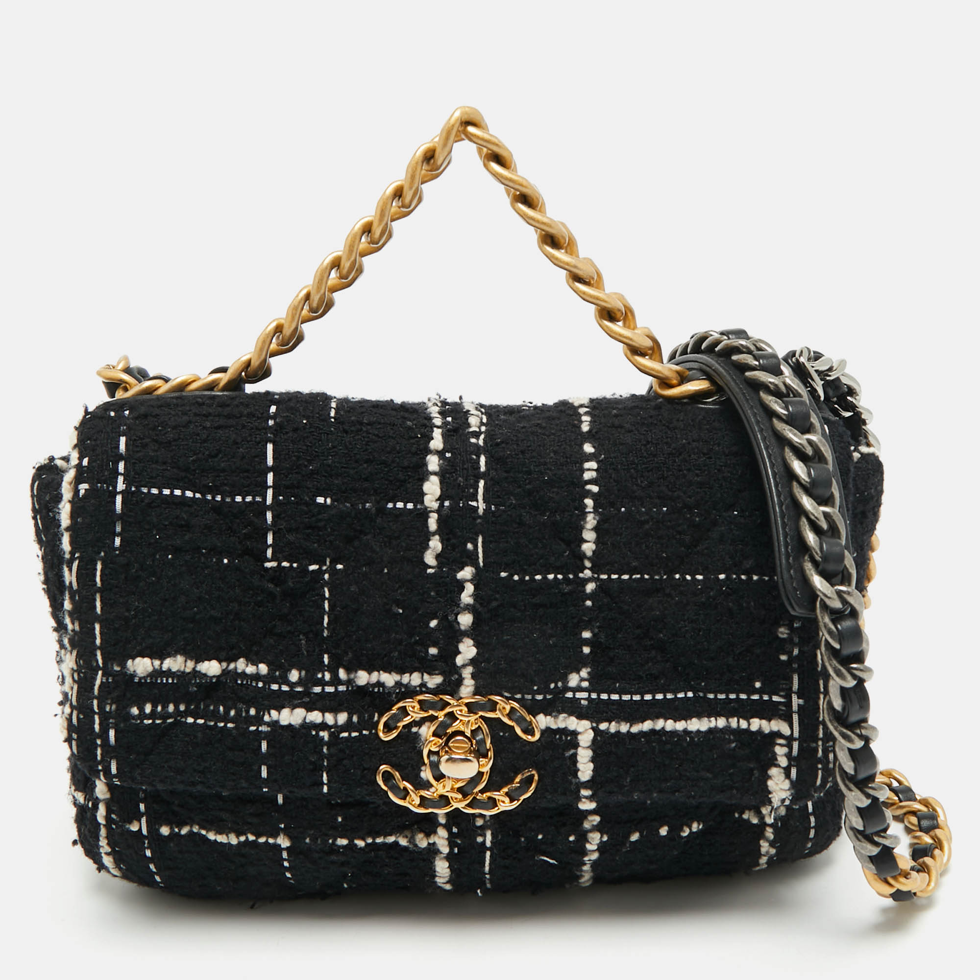 

Chanel Black/White Quilted Tweed Medium 19 Flap Bag