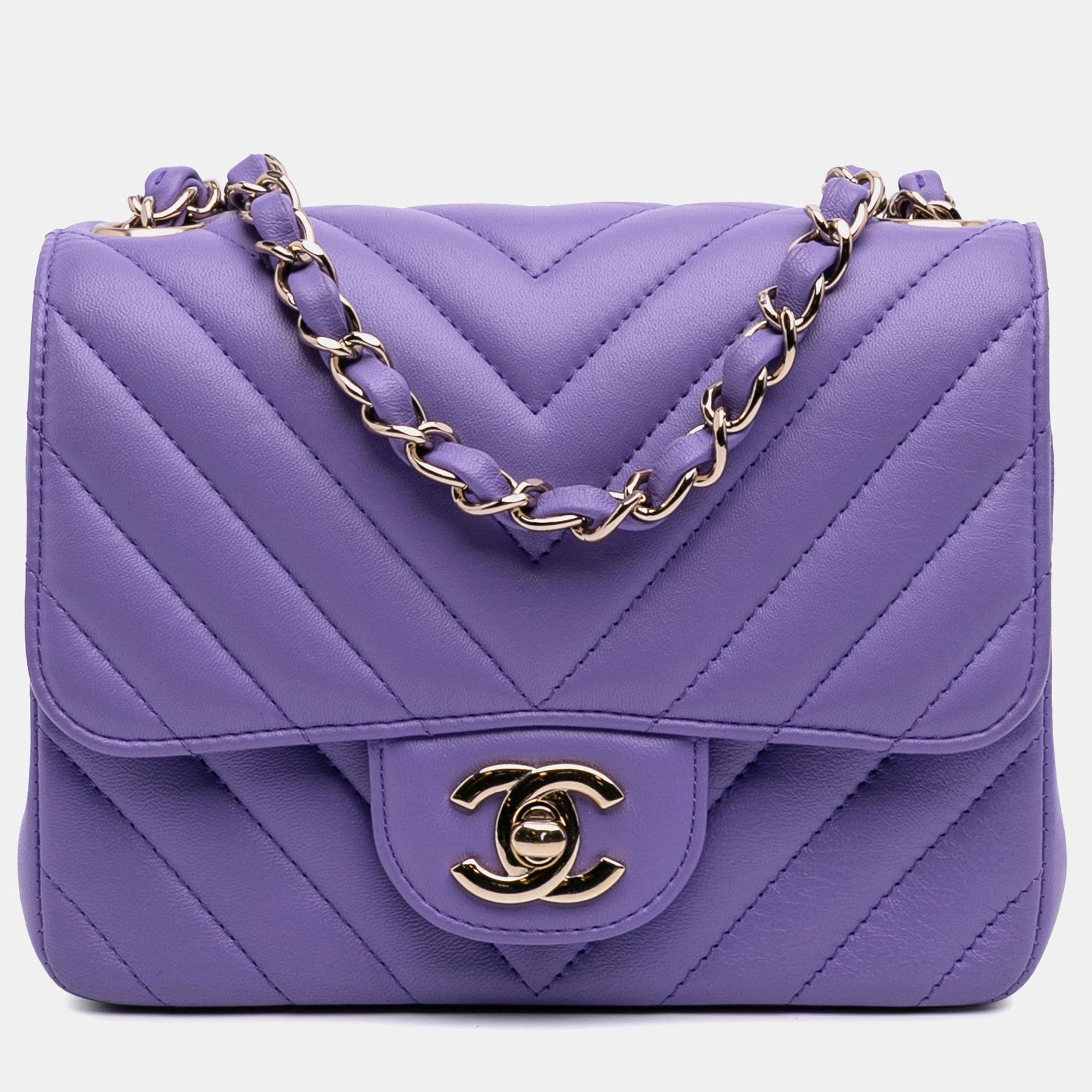 

Chanel Purple Mini Square Classic Chevron Lambskin Single Flap