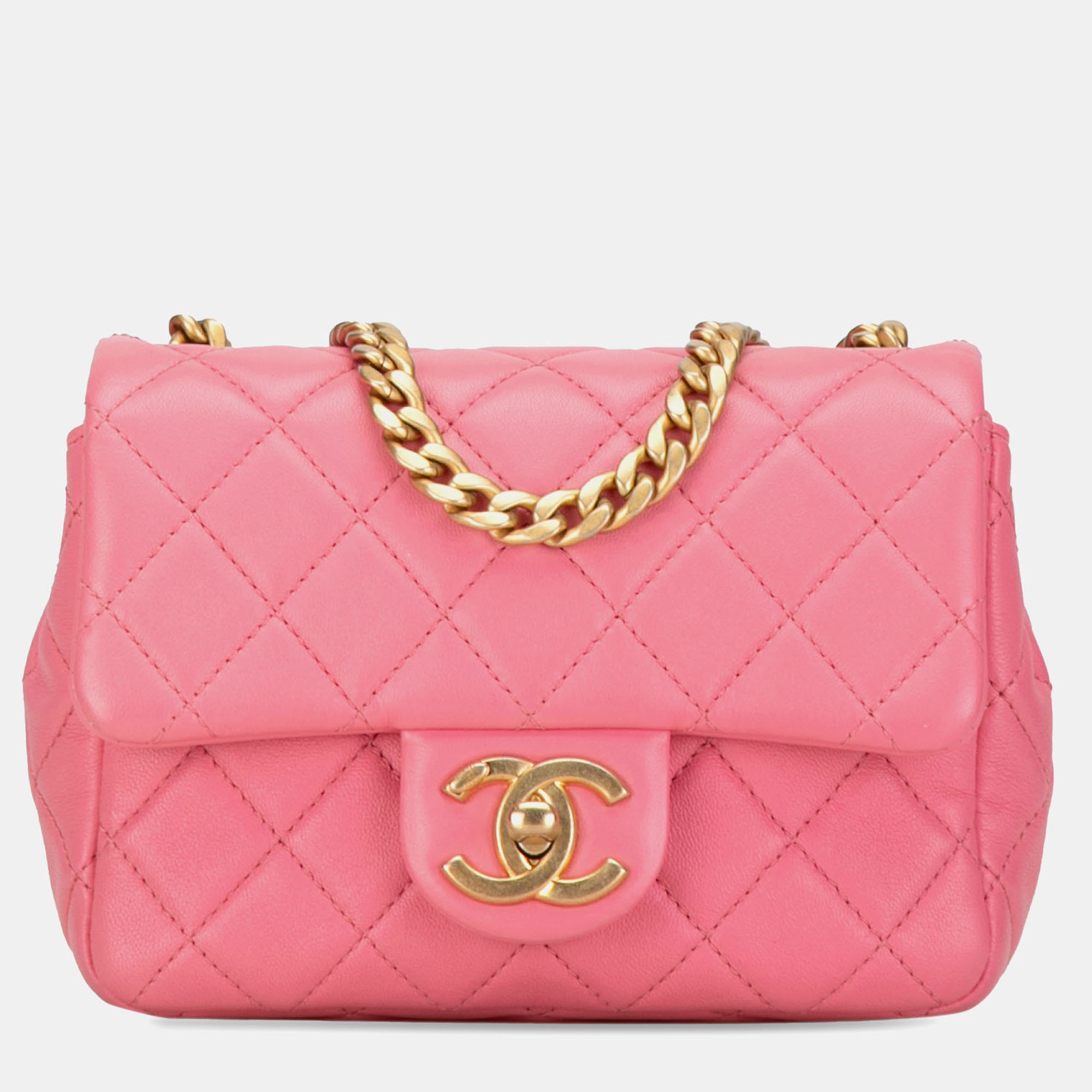 Pre-owned Chanel Pink Mini Square Lambskin Pearl Samba Flap