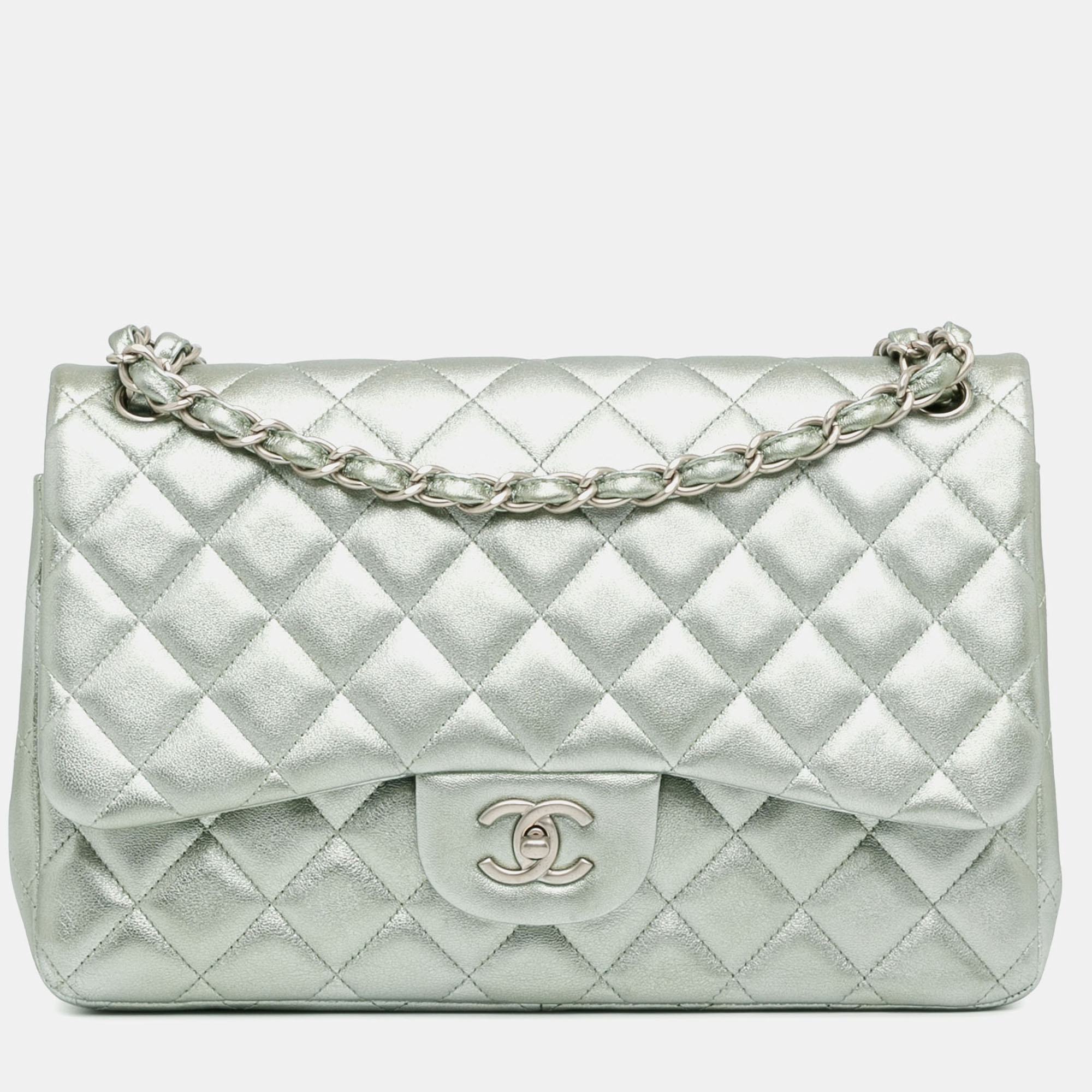 

Chanel Silver Jumbo Classic Lambskin Double Flap