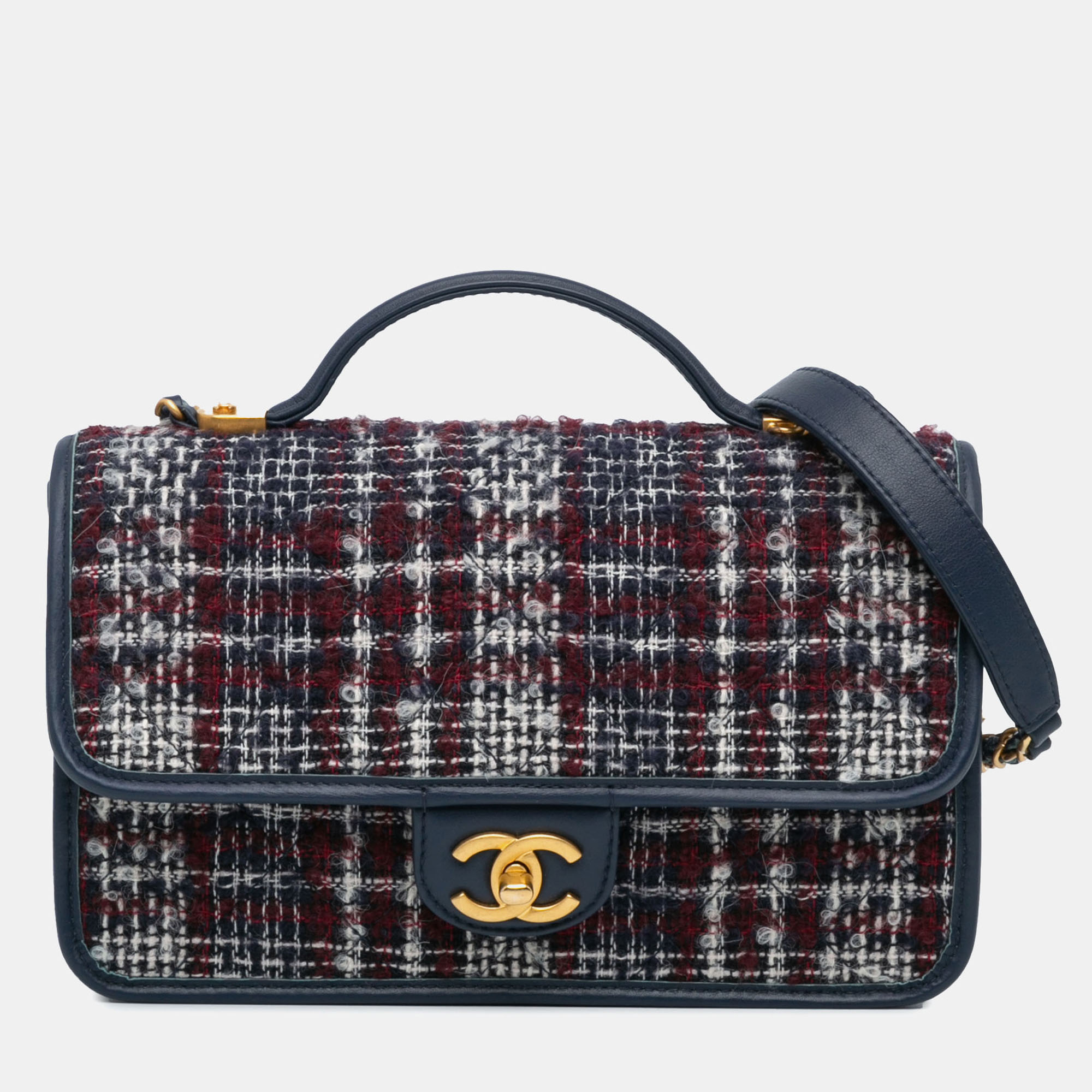 Pre-owned Chanel Navy Blue Small Tweed School Memory Top Handle Flap