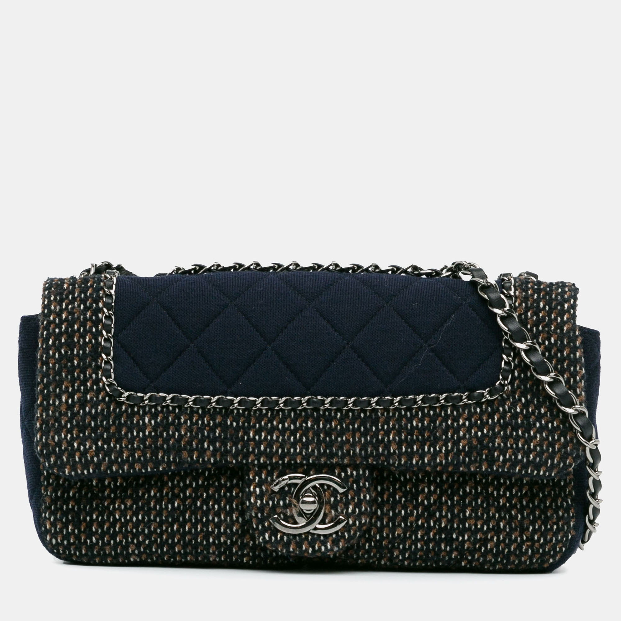 

Chanel Navy Blue Small Jersey Tweed Flap