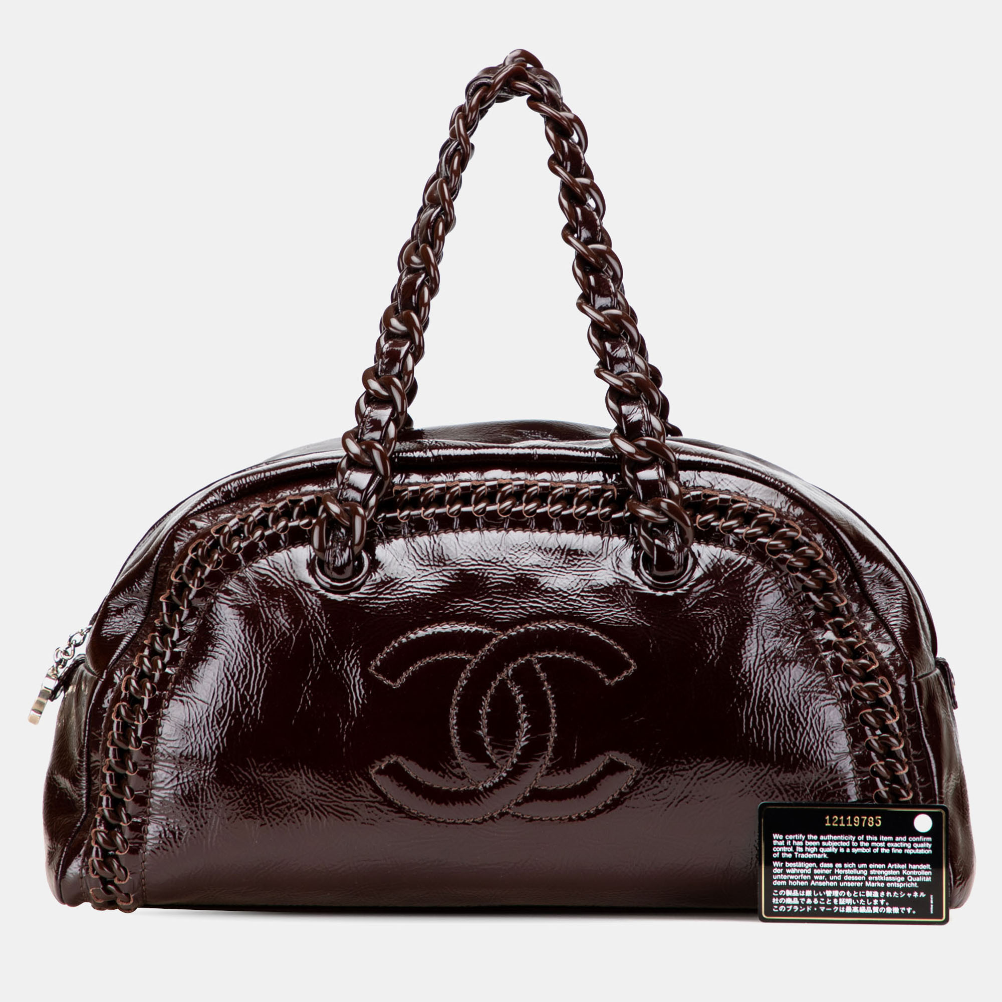 

Chanel Brown Large Patent Luxe Ligne Bowler Bag