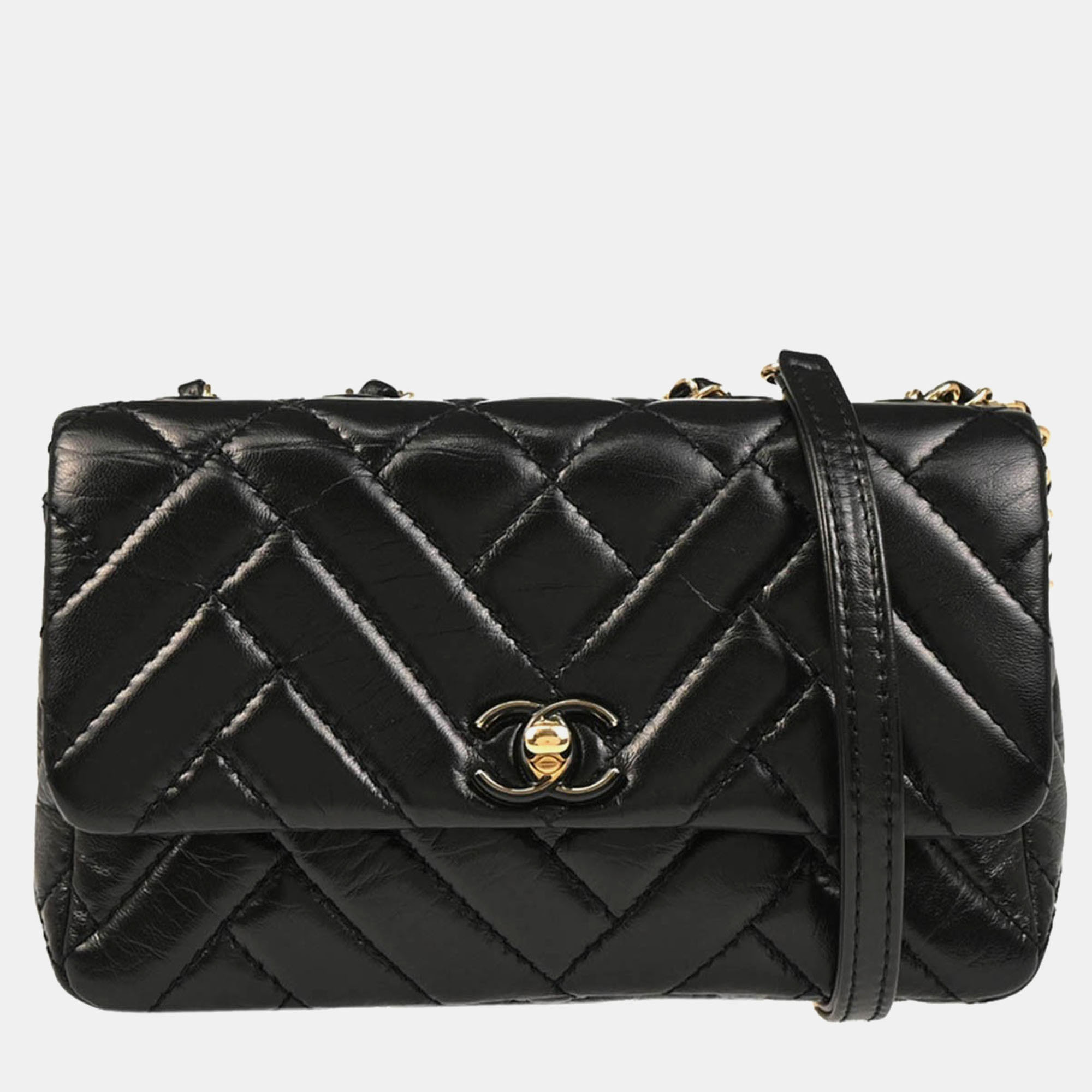 Pre-owned Chanel Black Lambskin Bias Stitch Straight Flap Shoulder Bag