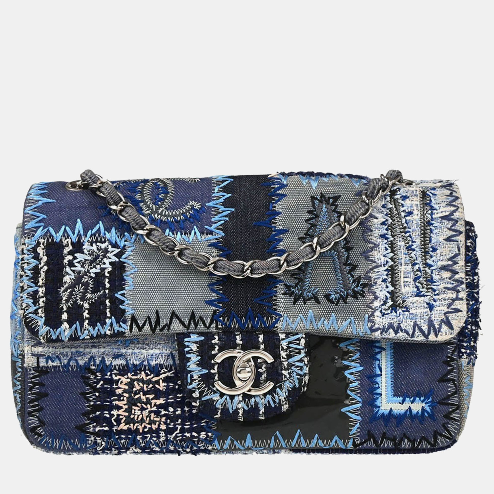 Pre-owned Chanel Blue Denim Patchwork Single Flap Shoulder Bag