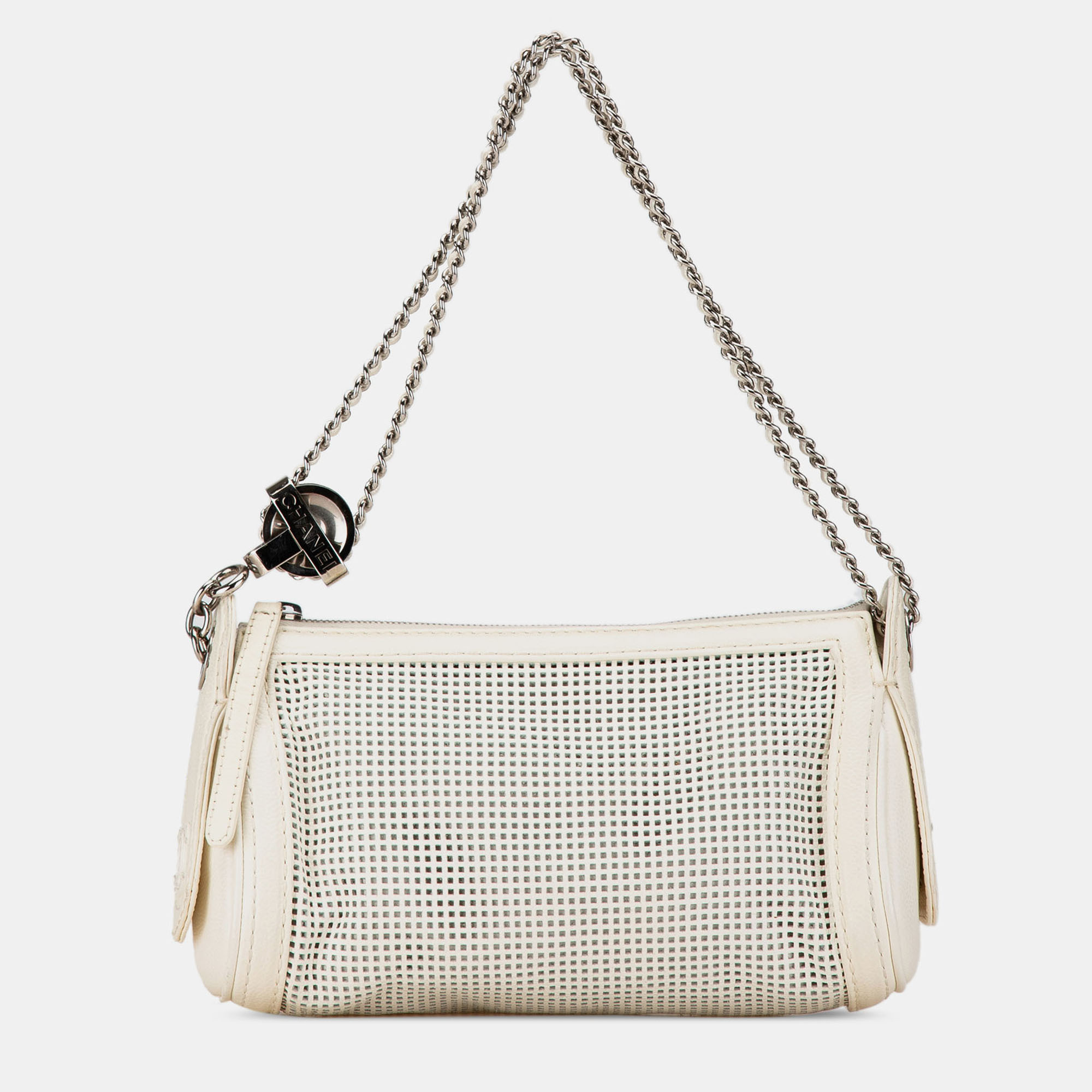 Pre-owned Chanel Cream Caviar Perforated Pulley Shoulder Bag In White
